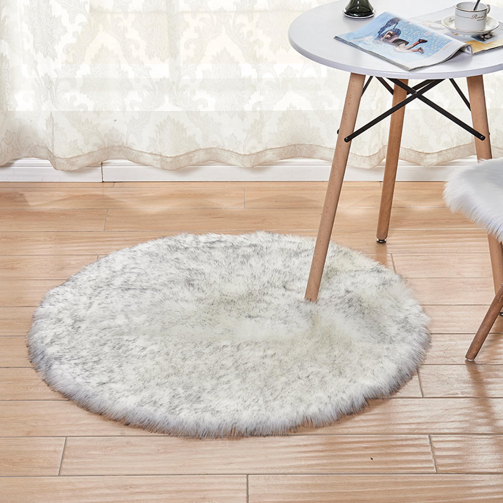 WeißGraue Teppich Bettvorleger Flausch Fell füR Sofa,Waschbar Dekofell Kunstfell Sitzfell,Runder Durchmesser 180cm/70,7in