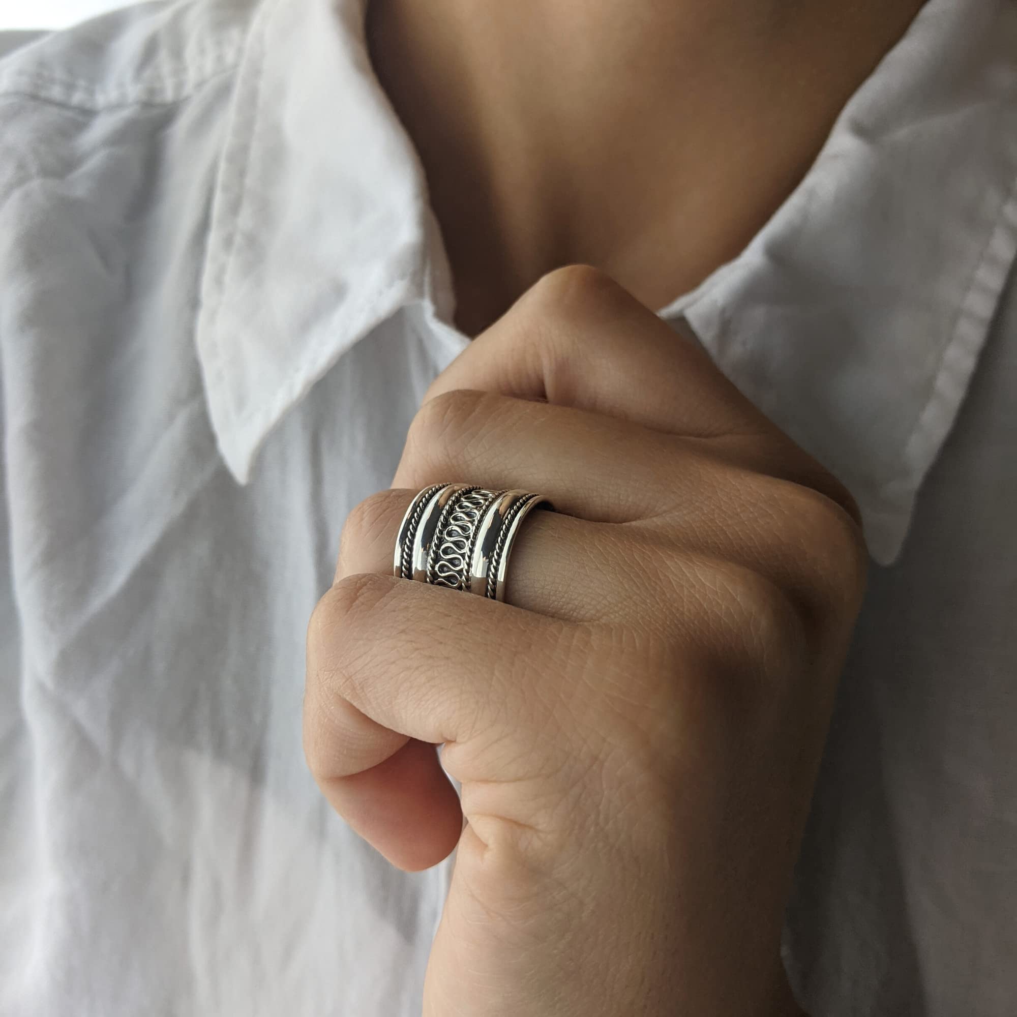 Silverly Daumenringe für Damen | 15,3mm Breite Sterlingsilberringe im Seildesign | 925 Silber Klobiger Herrenring | Bali-Schmuck mit Schriftrollen | Bohemian I Love You Geschenke für Sie und Ihn