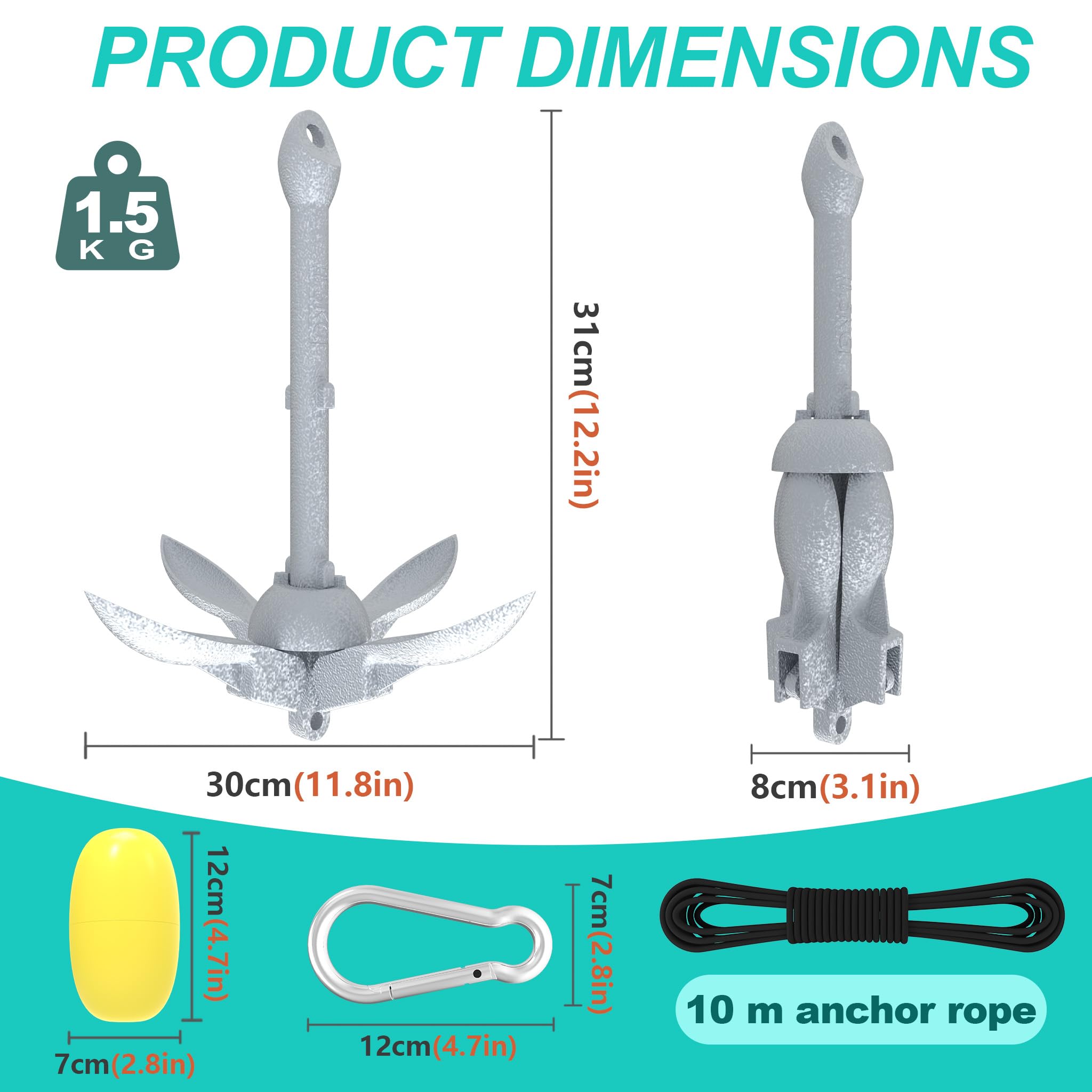 UISEBRT Ancoraggio pieghevole per barche in ghisa zincata a caldo, 0,7/1,5 kg, con corda di ancoraggio da 10 m, moschettone, boa e borsa per il trasporto impermeabile per barca gonfiabile, kayak, SUP