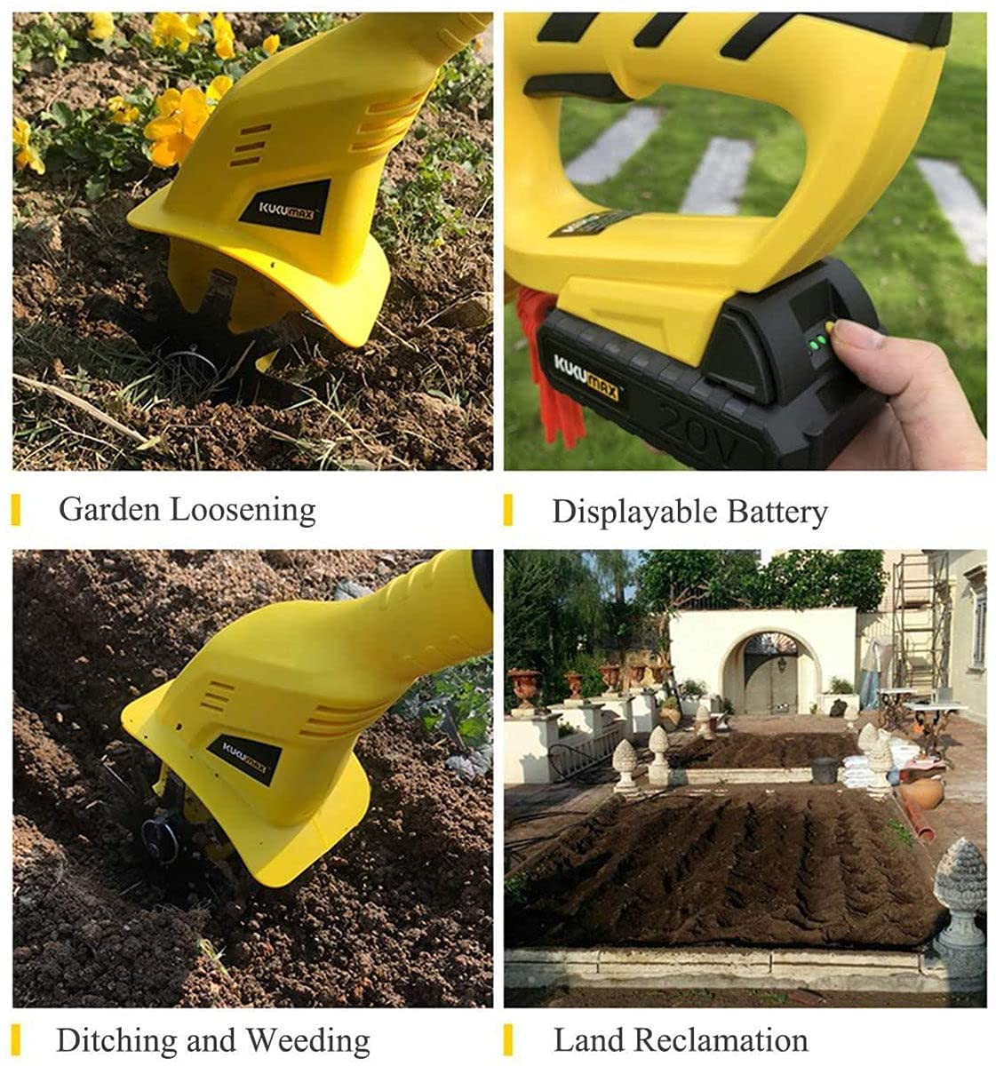 Rototiller de jardín de 20V, Rototiller eléctrico inalámbrico portátil for jardín, parcelas de Verduras, cultivador de Suelo eléctrico for Caminar