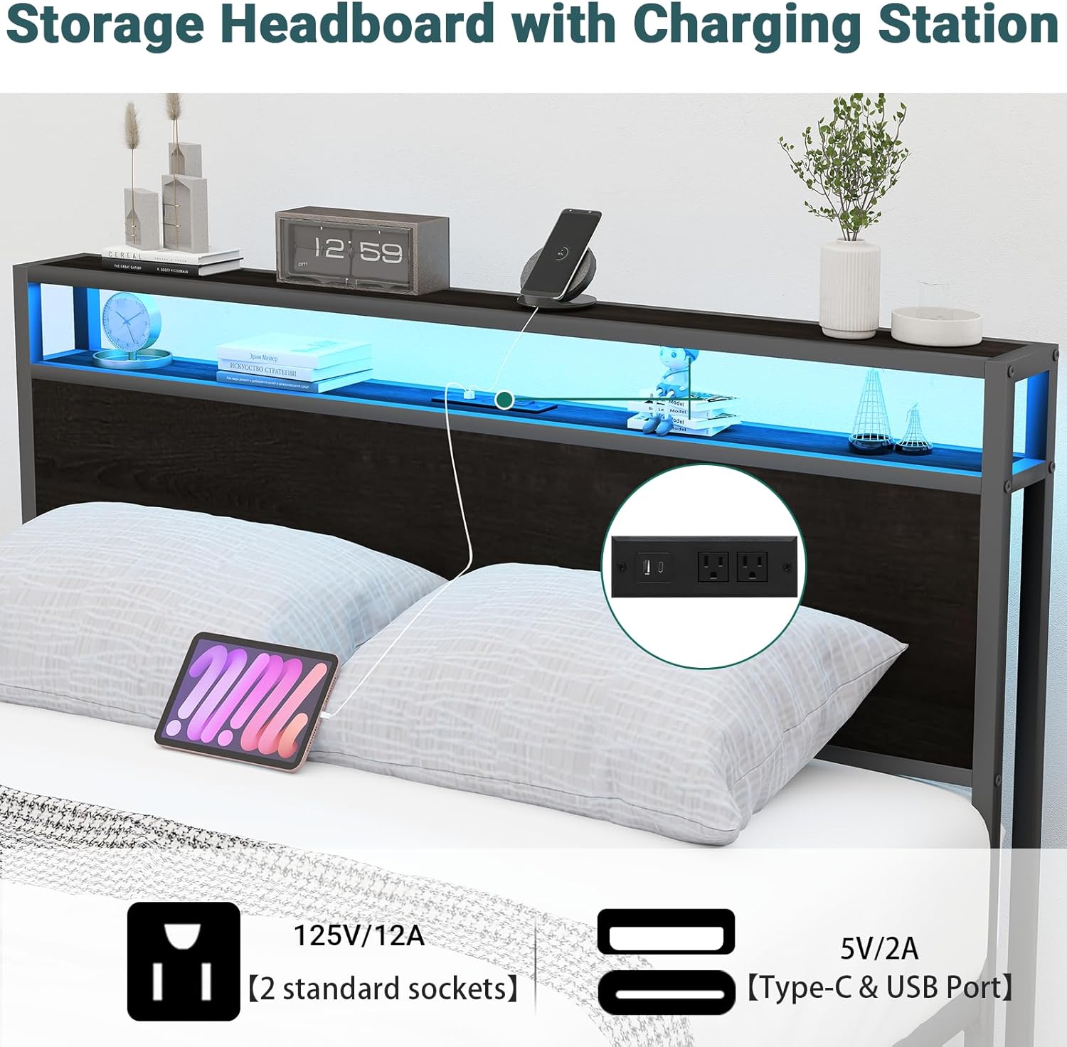 Close-up of the headboard's charging station with USB ports and power outlets
