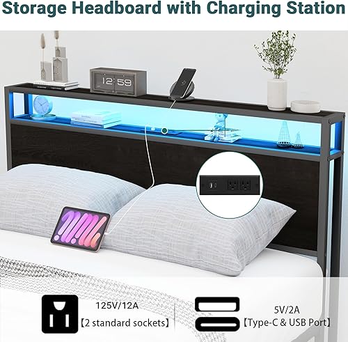 Miniatura 5 de Base de cama matrimonial con cabecero, base de cama de almacenamiento de tamaño matrimonial con 8 cajones, puertos de carga y salidas integrados,