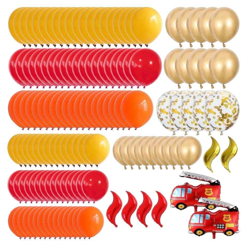 Fire Truck Shape Balloon Garland Kit, Red Yellow Orange Chrome Gold Confetti Balloons Arch Kit, Firefighter Rescue Themed Party Supplies
