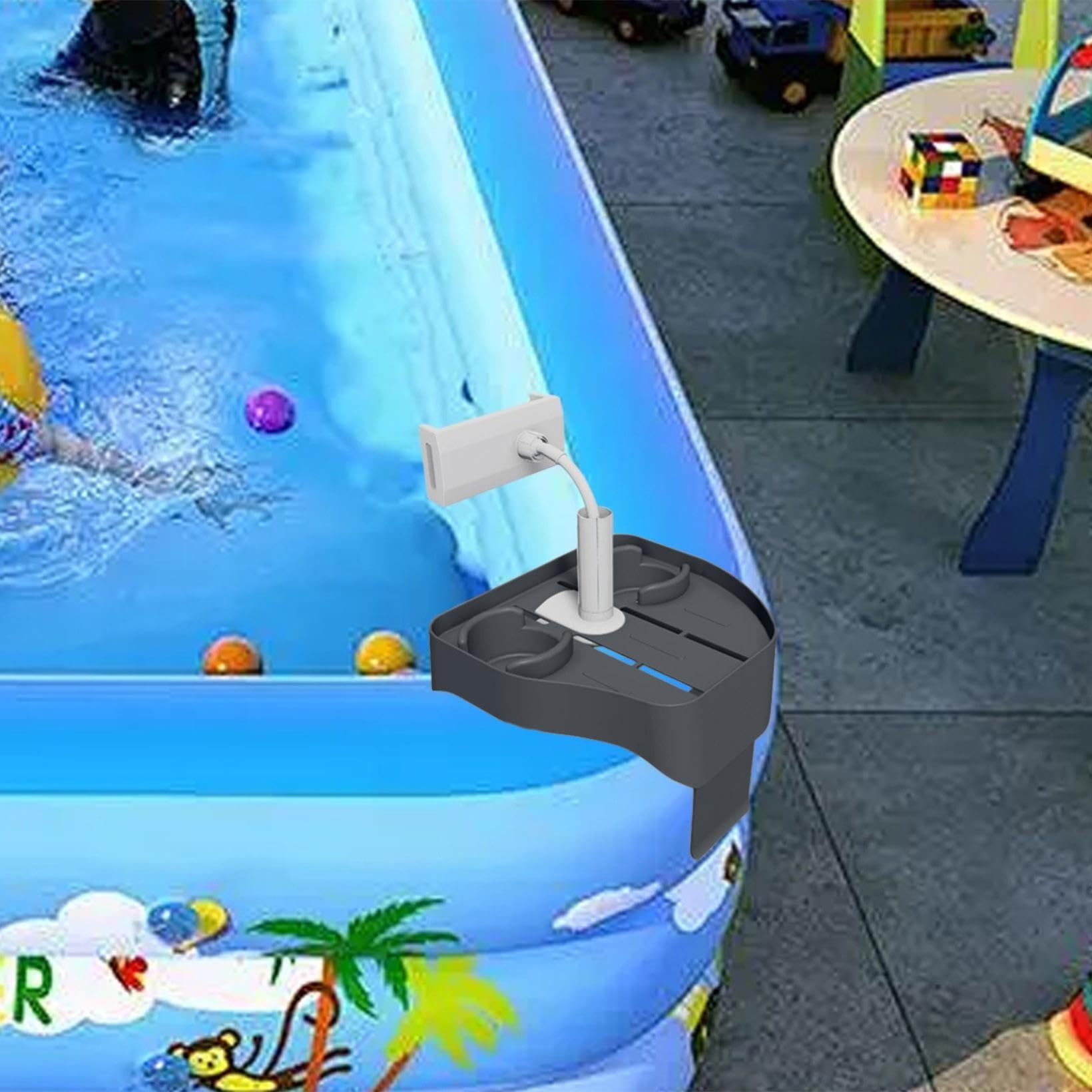 3-in-1 Adjustable Hot Tub Tray Table, Clip-on Pool Cup Holder Phone Holder, Nonslip Spa Drink Tray Side Table for Outdoor Inflatable Pools, Must Have Hottub Accessories for Adults (Black)