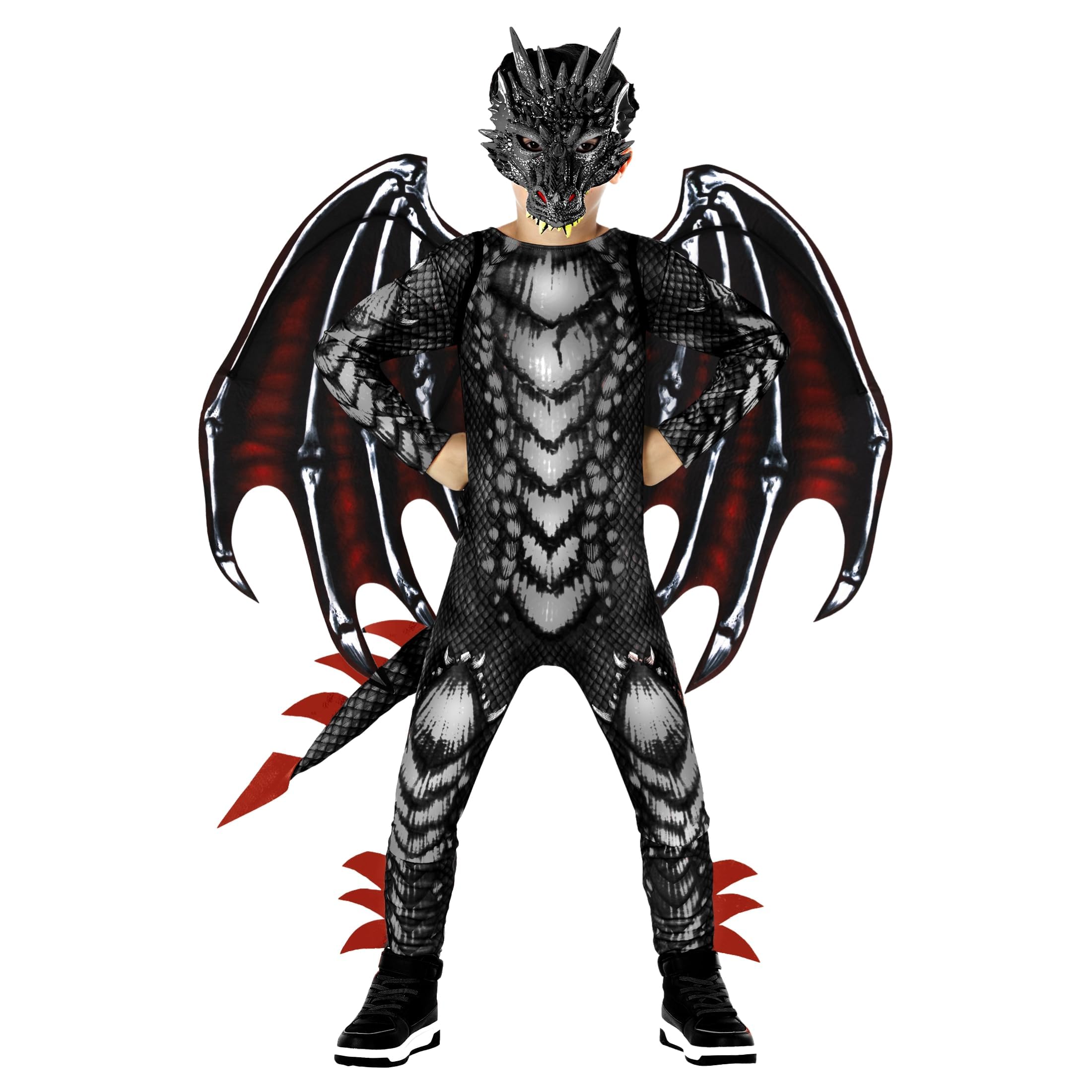 Morph Black Red Dragon Costume Kids Dragon Costume for Boys Jumpsuit Halloween Costumes for Kids L (10-12Y)