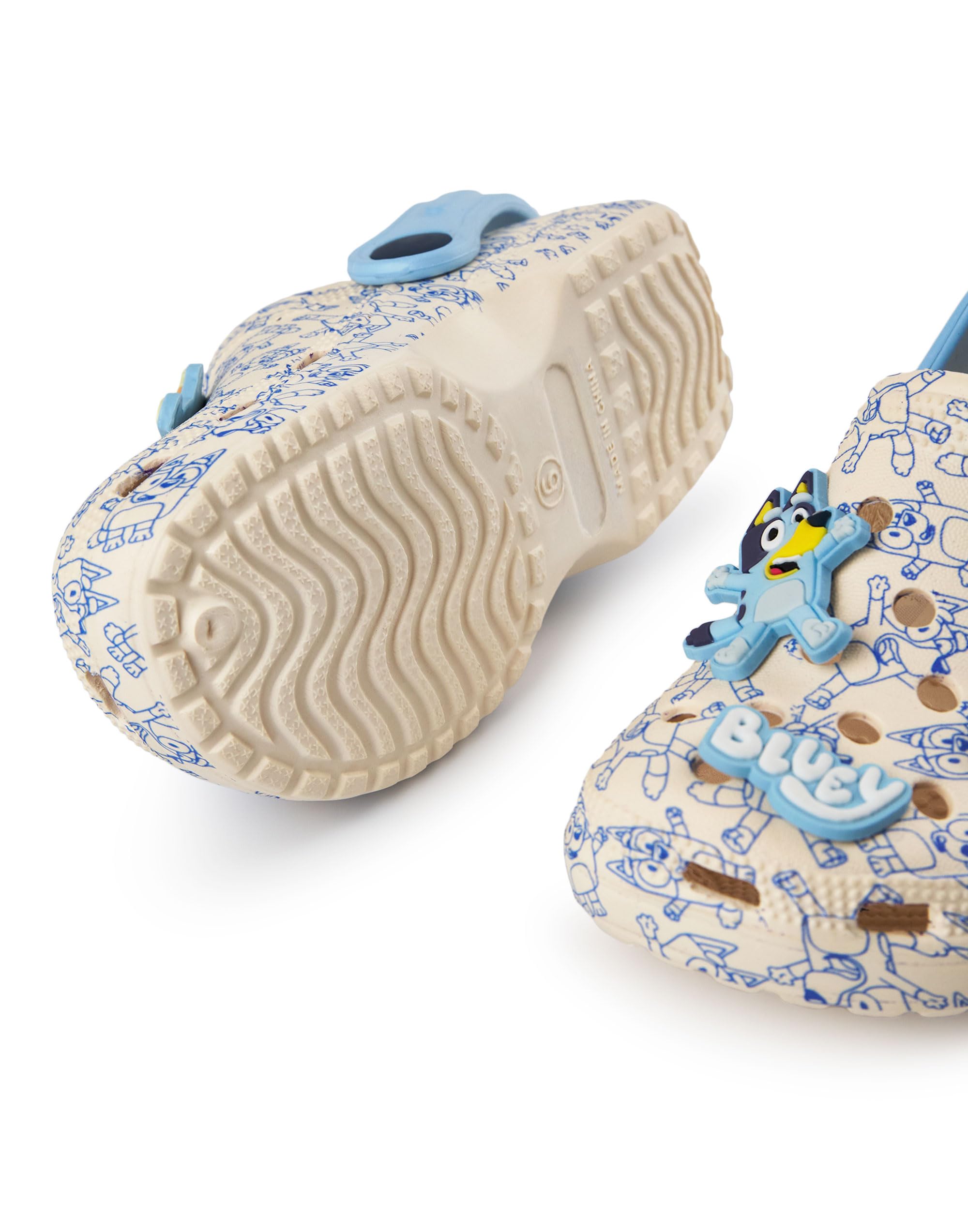 BlueY Zoccoli per Ragazzi | Calzature Slip-on per Bambini con ciondoli a Forma di Cucciolo in Marrone Chiaro e Blu | Sandali con Stampa Integrale per Interni ed Esterni e Cinturino Regolabile