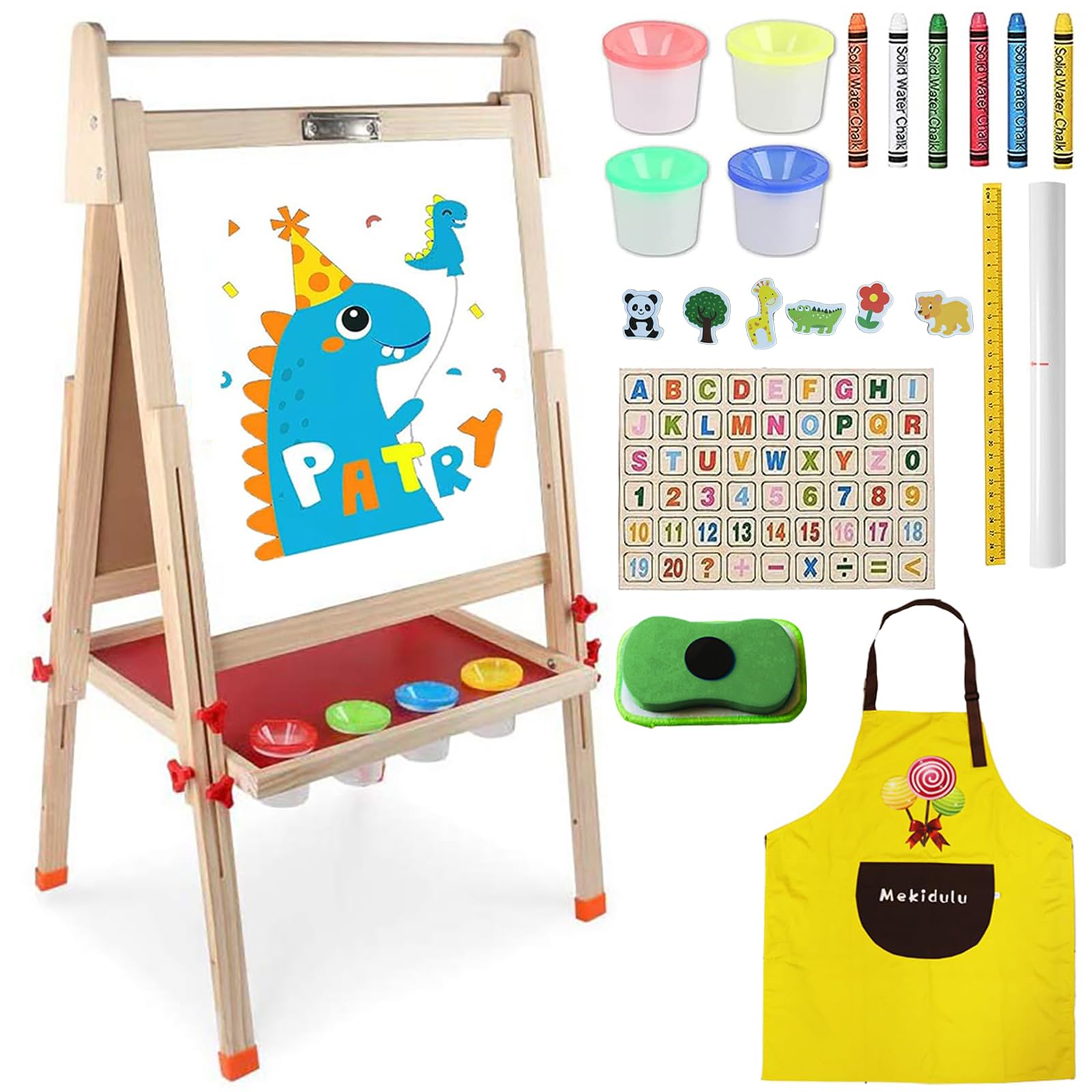 YearOnan Double Sided Wooden Kids Whiteboard 96 cm-132 cm Adjustable-with Apron,Alphabet Cartoon,Storage Tray,Paper Roll Toddler Painting Set-Chalk Board for Kids 3-4 4-8 9-12(Wood Color)