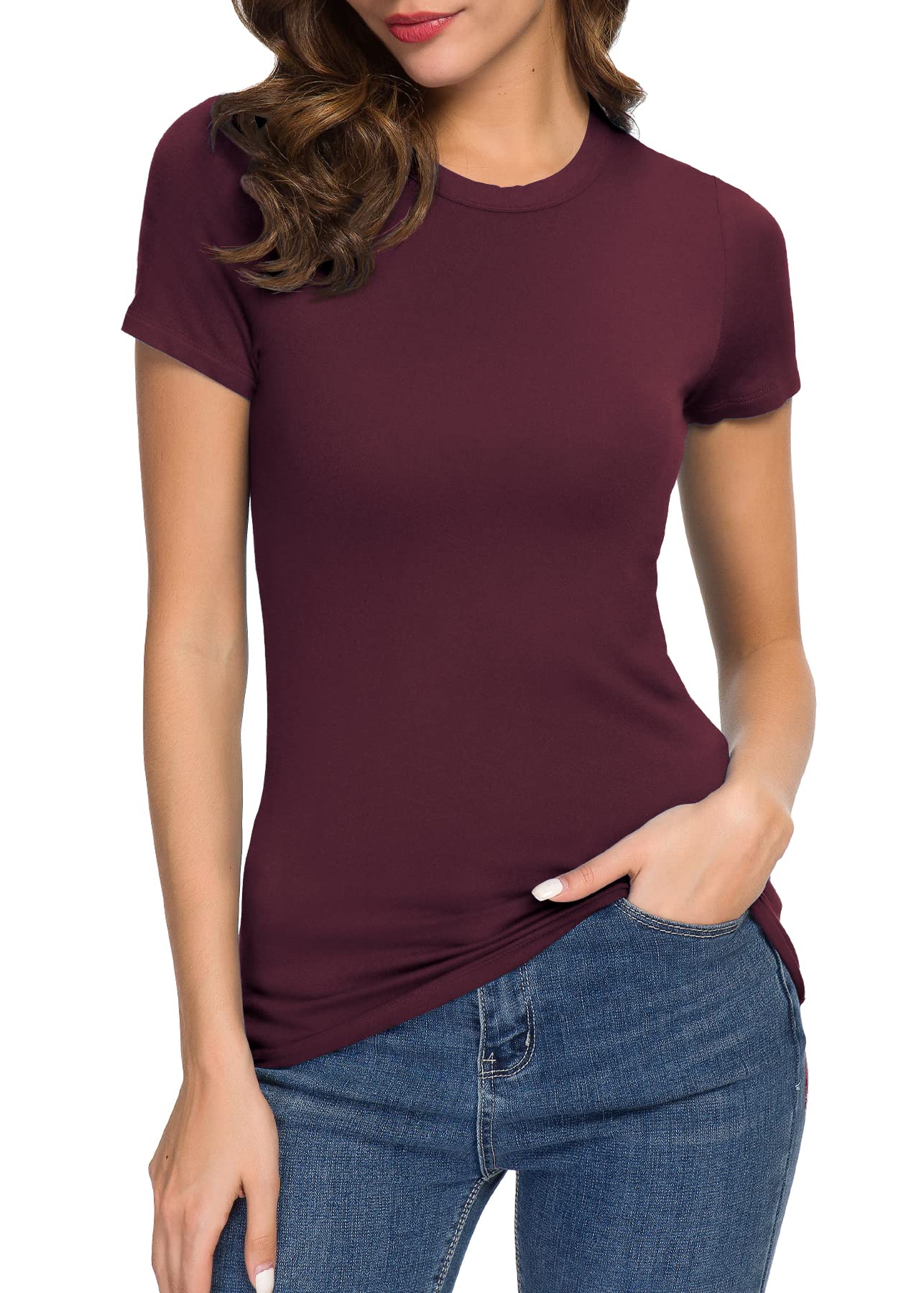 Women's Crewneck Slim Fitted Short Sleeve T-Shirt Stretchy Bodycon Basic Tee Tops