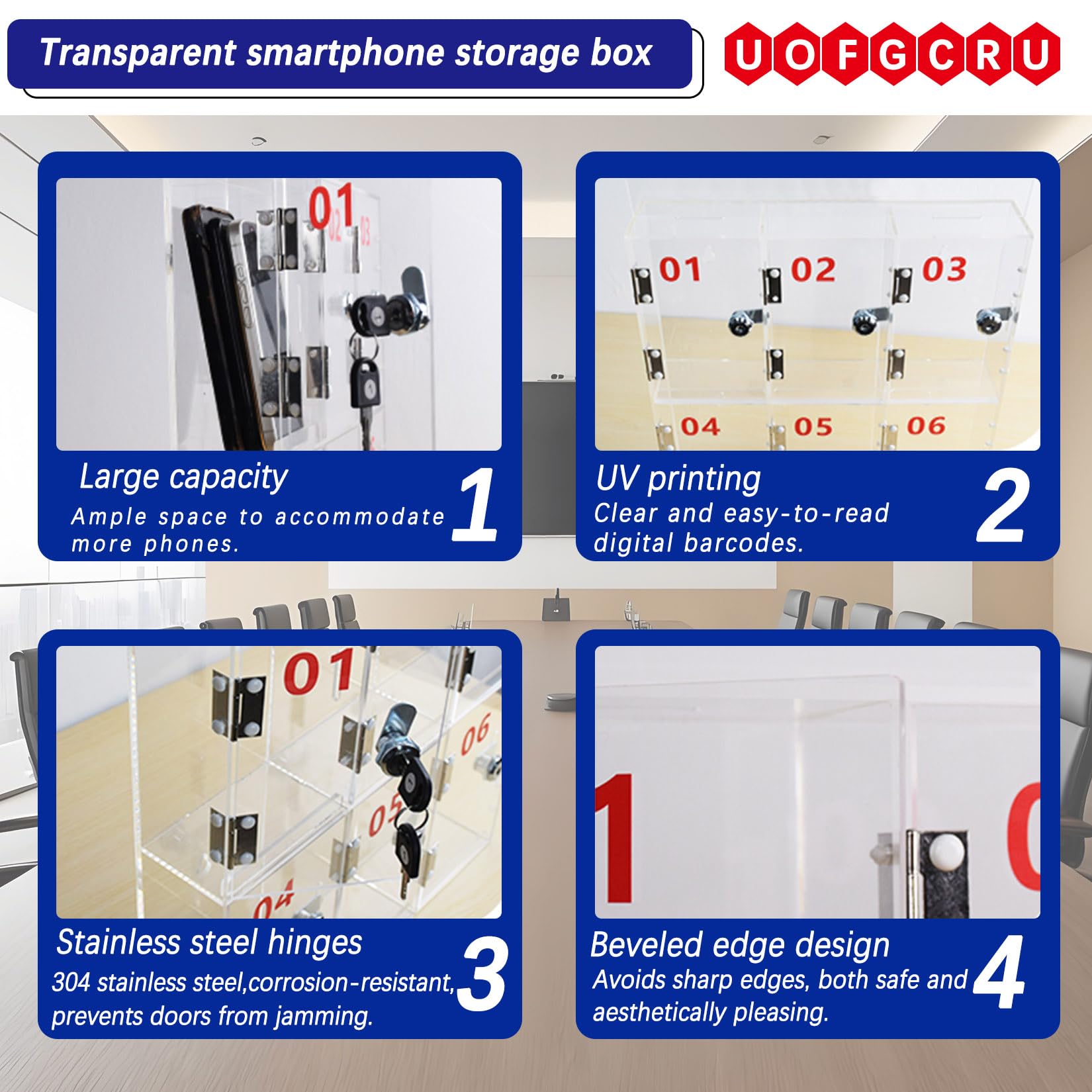 Armadietto per telefono in acrilico trasparente con serratura a 4 scomparti, per forniture per ufficio, scrivania sicura, 42,5 × 7 × 19 cm, ideale per le aziende