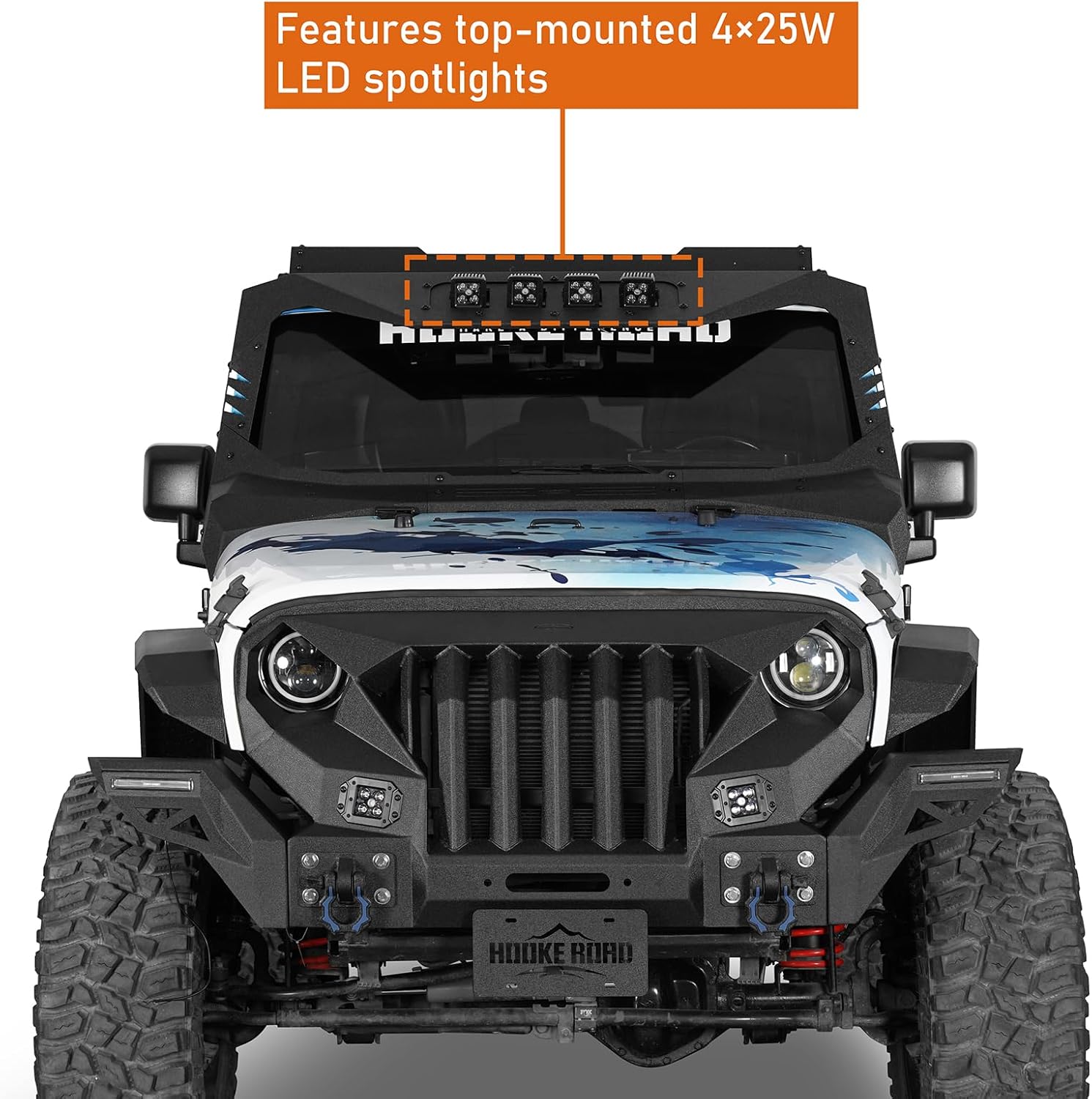 Hooke Road Mad Max Windshield Frame Cover Roof Sun Visor Cowl Body Armor for 2007-2018 Jeep Wrangler JK & Unlimited Include 4 LED Light Pods