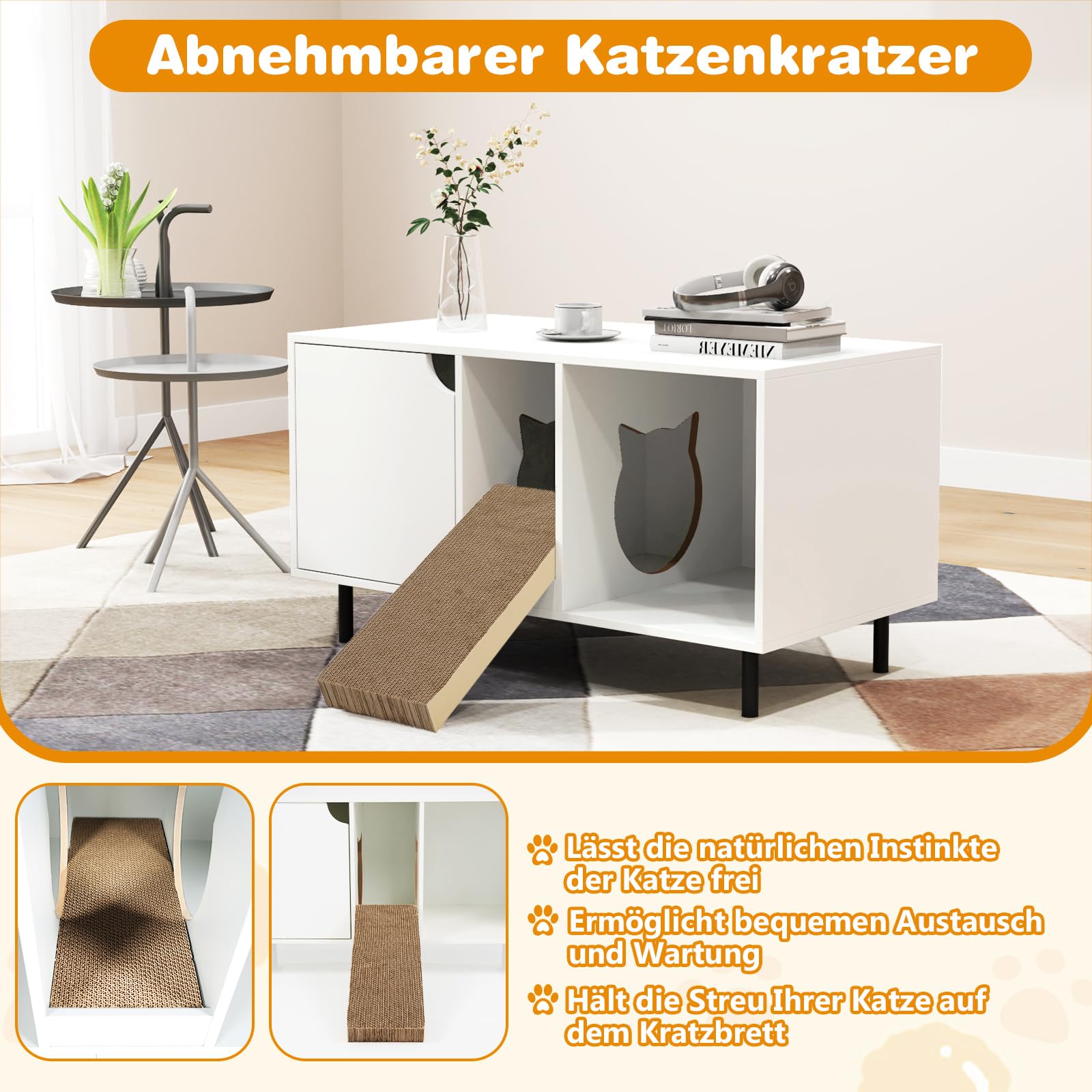 GOPLUS Katzenschrank für Katzentoilette, Katzenklo Schrank mit Abnehmbarer Kratzbrett, Eingang, Metallbeine & Eingang, Katzenhaus Beistelltisch aus Holz für 2 Katzen, 100 x 52 x 55 cm