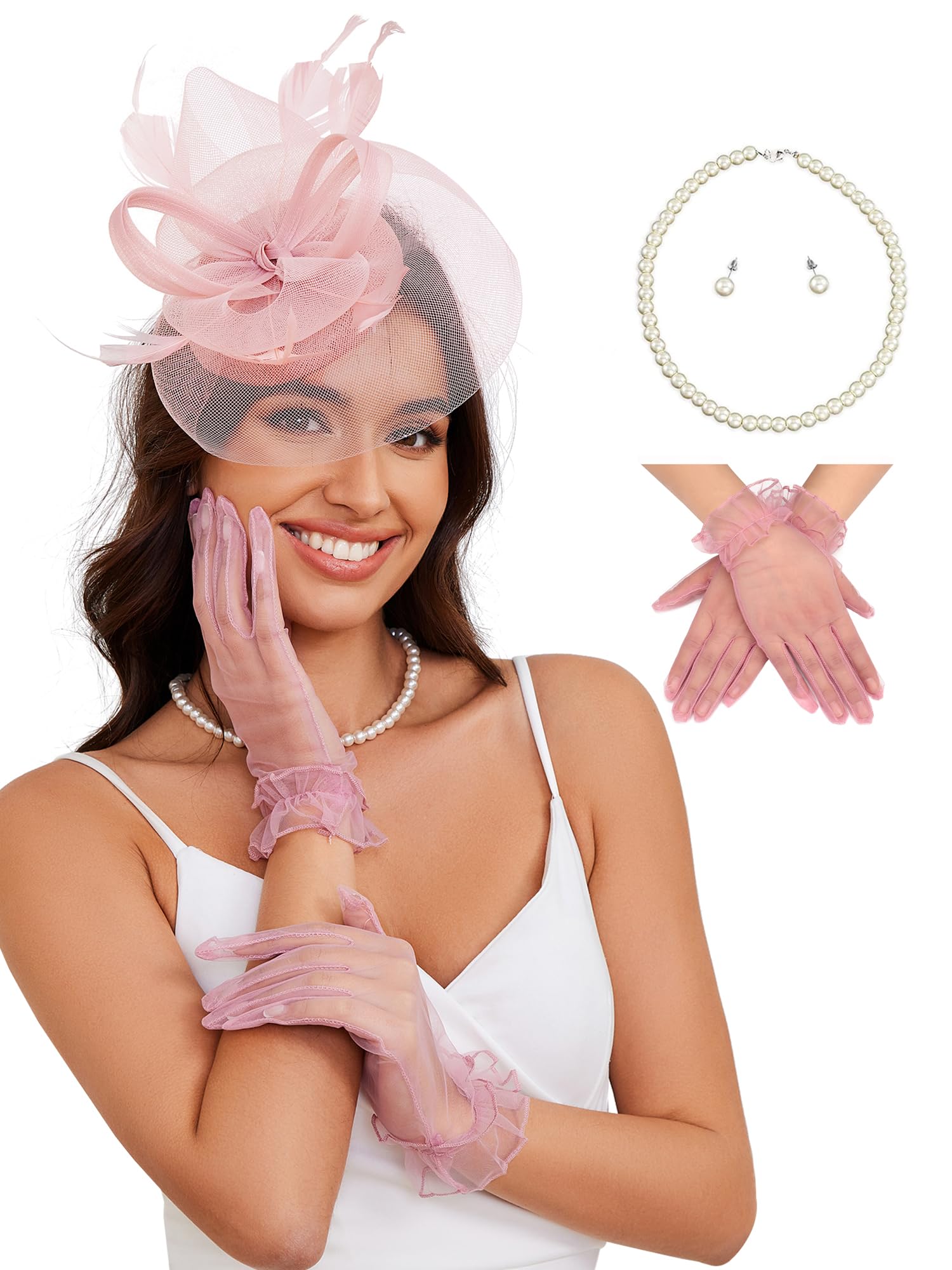Ibeauti Fascinator Hats with Screentouch Lace Gloves Set for Women Tea Party Cocktail Wedding Derby Headwear Short Gloves