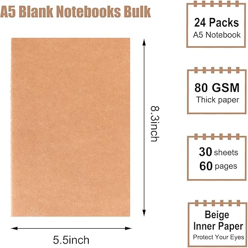 Miniatura 9 de EOOUT 48 cuadernos de papel kraft A5, cuadernos de diario a granel, papel en blanco, 60 páginas, 80GSM, 8.3 x 5.5 pulgadas, juego de diario de