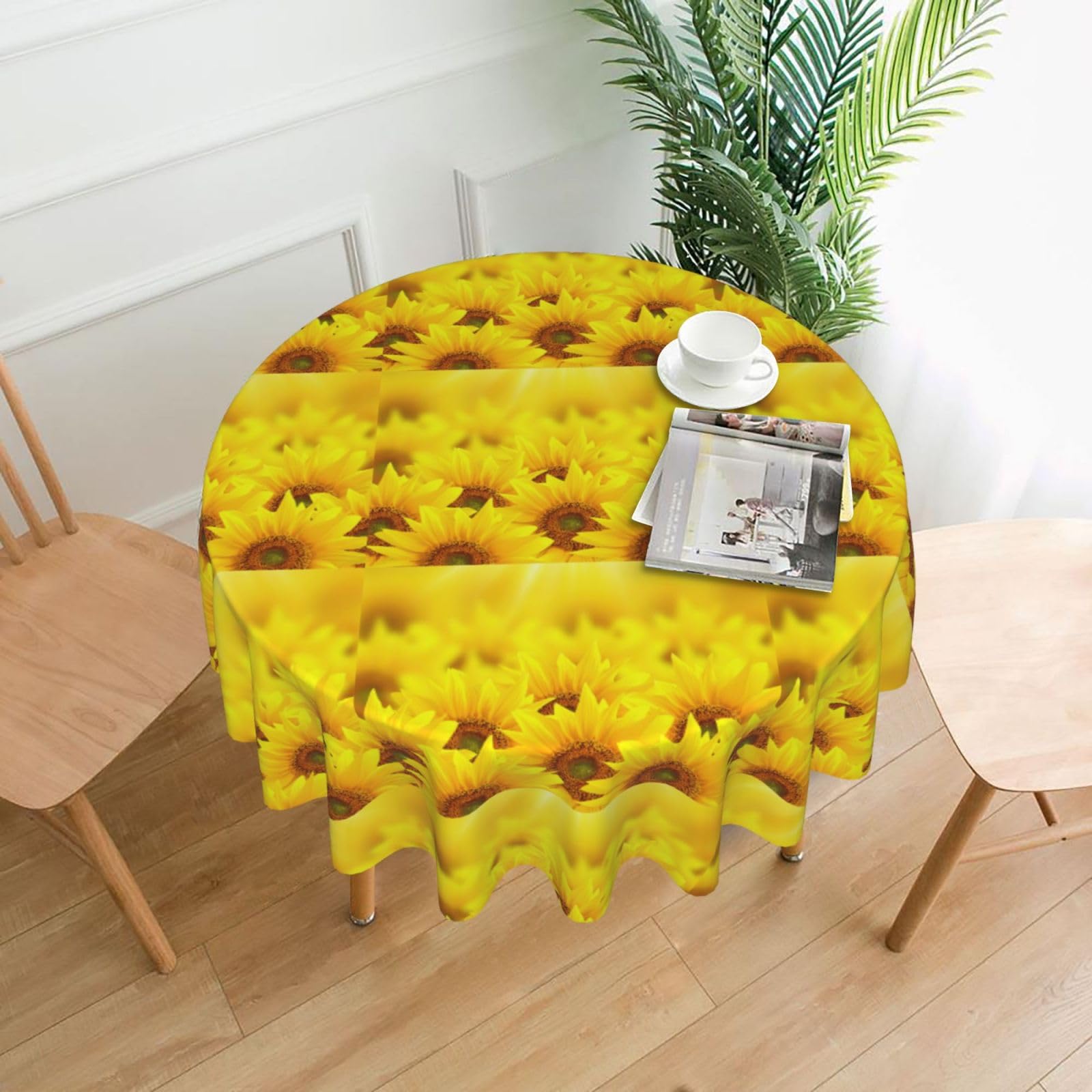 Nbtghga Yellow Sunflower Print Tablecloth Round Border Table Cloth Cover Decorative For Party Holiday Dinning Tabletop Home