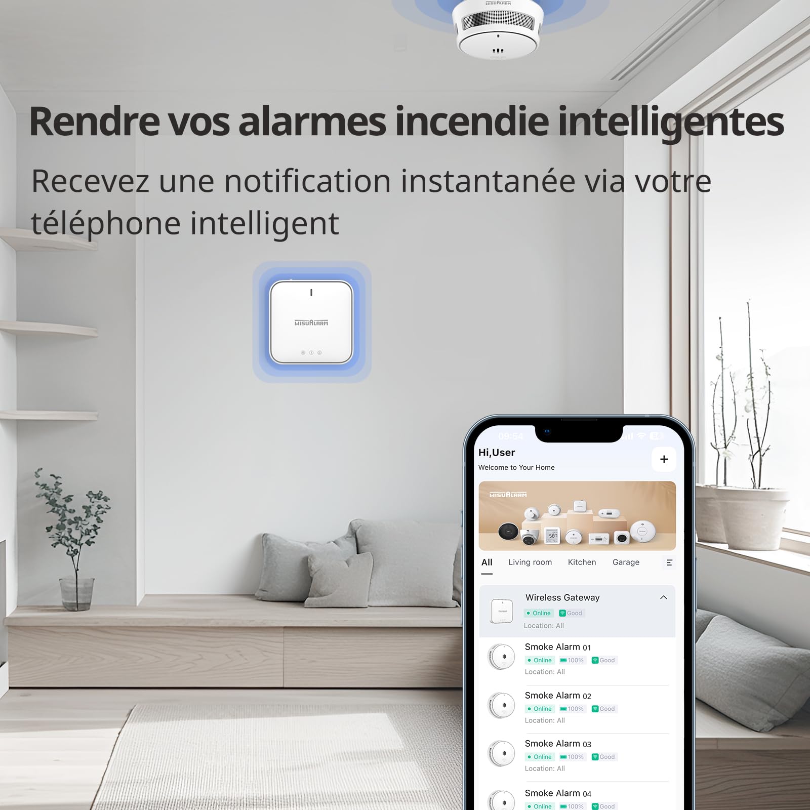 Detecteur De Fumée Intelligent avec Passerelle, Détecteur De Fumée pour La Maison, Wisualarm APP Notificaiton Push, Batterie Scellée De 10 Ans, EN14604 (5*détecteur De Fumée+1*passerelle)