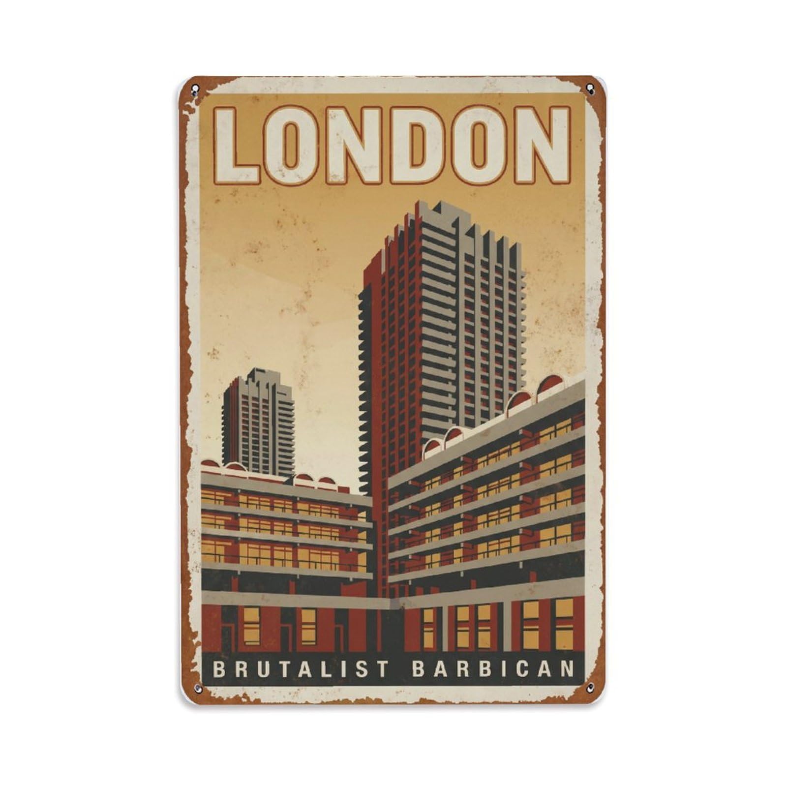 Vintage Travel London Barbican Estate Brutalist Architecture Rusted England Metal Tin Sign Plaque Wall Decor for Cafe, Club Bar, Office, Home Garden Metal Poster 8x12Inch