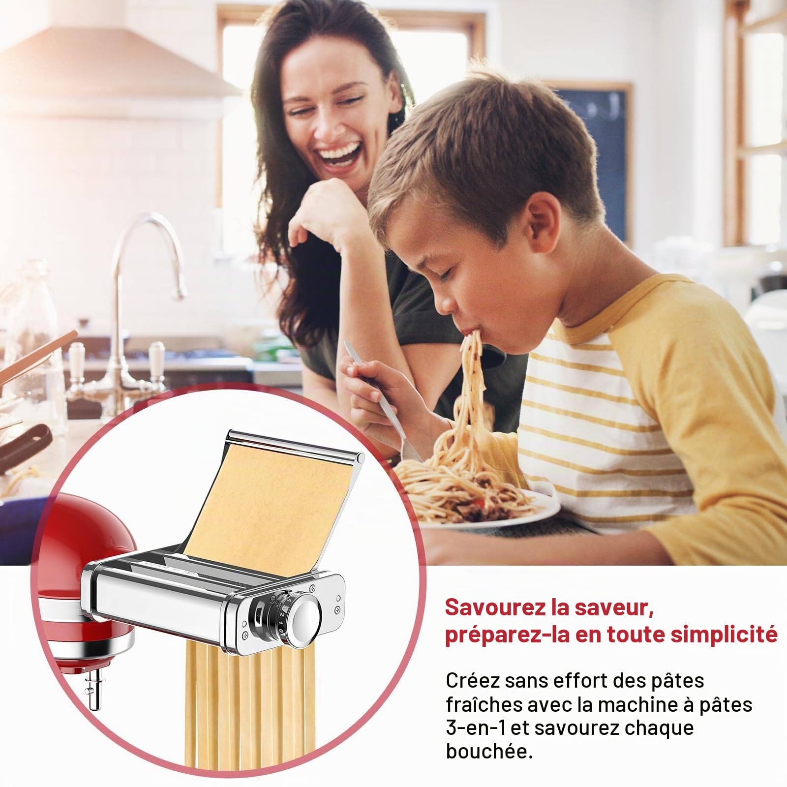 COFUN Acier Inoxydable Accessoires Machine à Pâtes pour KitchenAid, 3 en 1 Accessoire Laminoir pour KitchenAid Robot Pâtissier, Incl. Coupe-Spaghetti & Fettuccine, Rouleau Feuille à Pâtes, Guide pâtes