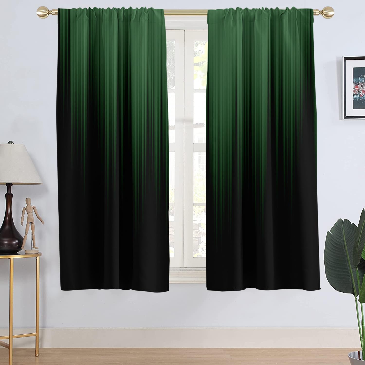 AAtter Green and Black Window Curtain Ombre Abstract Striped Mens Gothic Art Aesthetic Unique Simple Modern Boho Living Room Bedroom Drapes Treatment