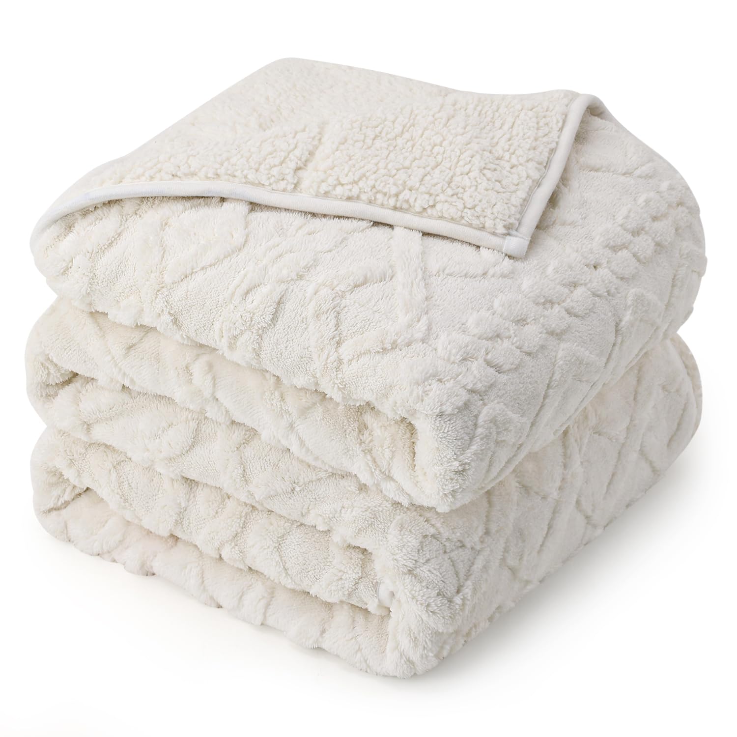 Drewin Weighted Blanket 15lbs Queen Size, Soft and Thick Jacquard Sherpa Heavy Blanket for Calming and Relax, Dual Sided Ultra Soft Fuzzy Throw Blanket with Ceramic Beads, 60 x 80 inches, Cream White