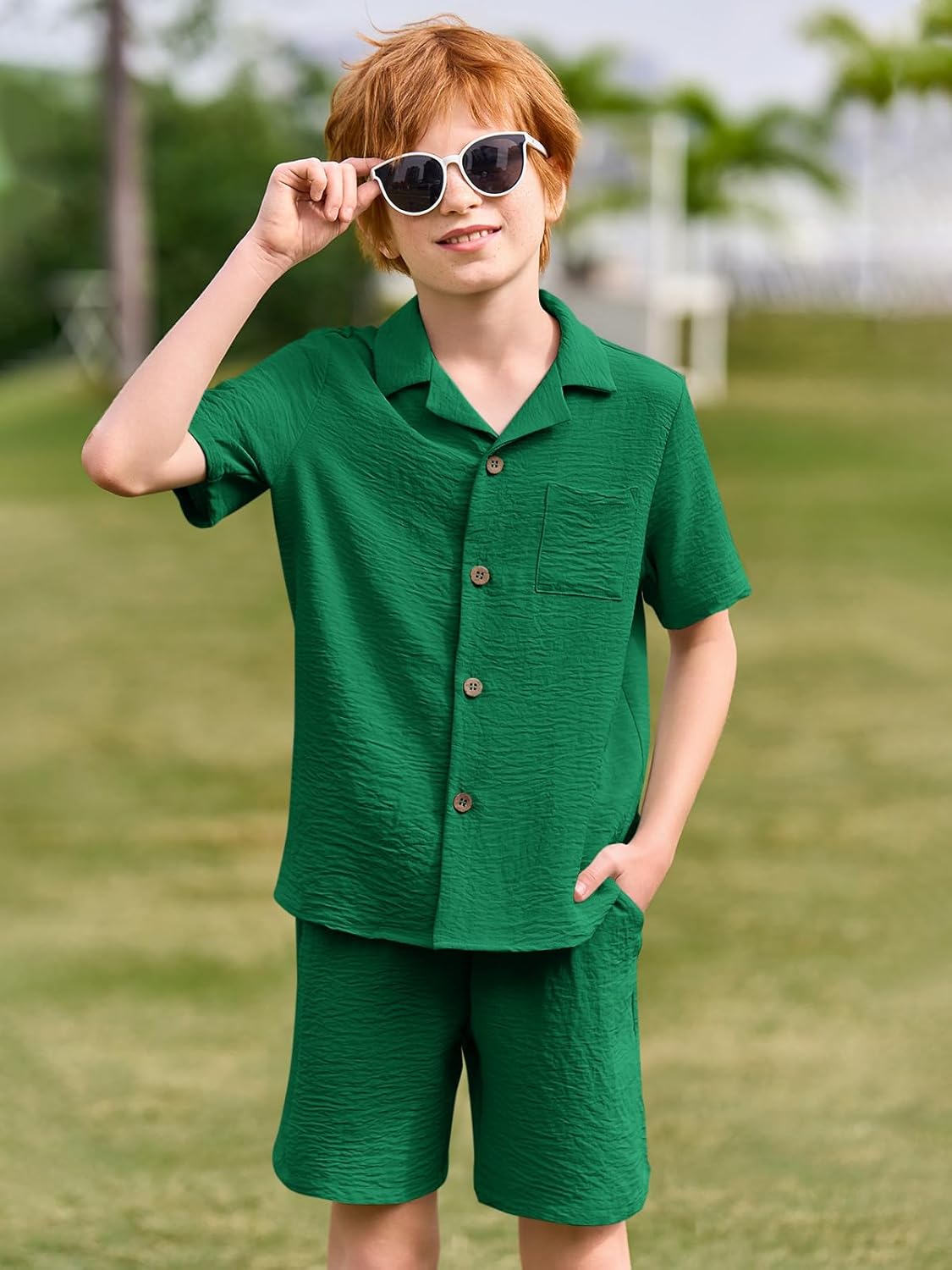 Haloumoning Boys 2 Pieces Summer Outfits Beach Short Sleeve Button Down Shirts and Shorts Vacation Texture Sets for Kids - Image 2