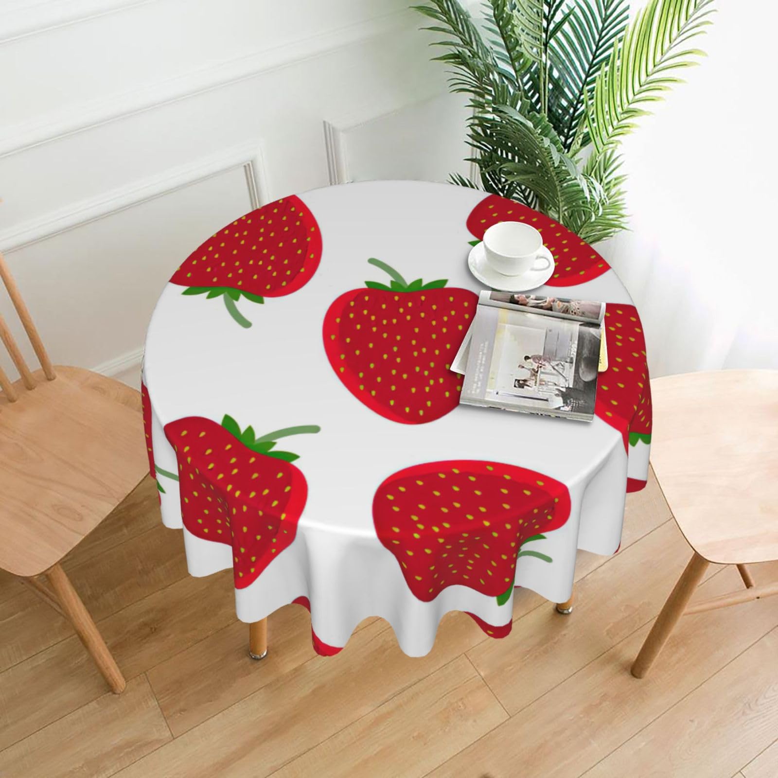 Uusnwaa Strawberry Print Round Tablecloth 60 Inch, Stain Wrinkle Resistant Washable Polyester Table Cover For Kitchen Party