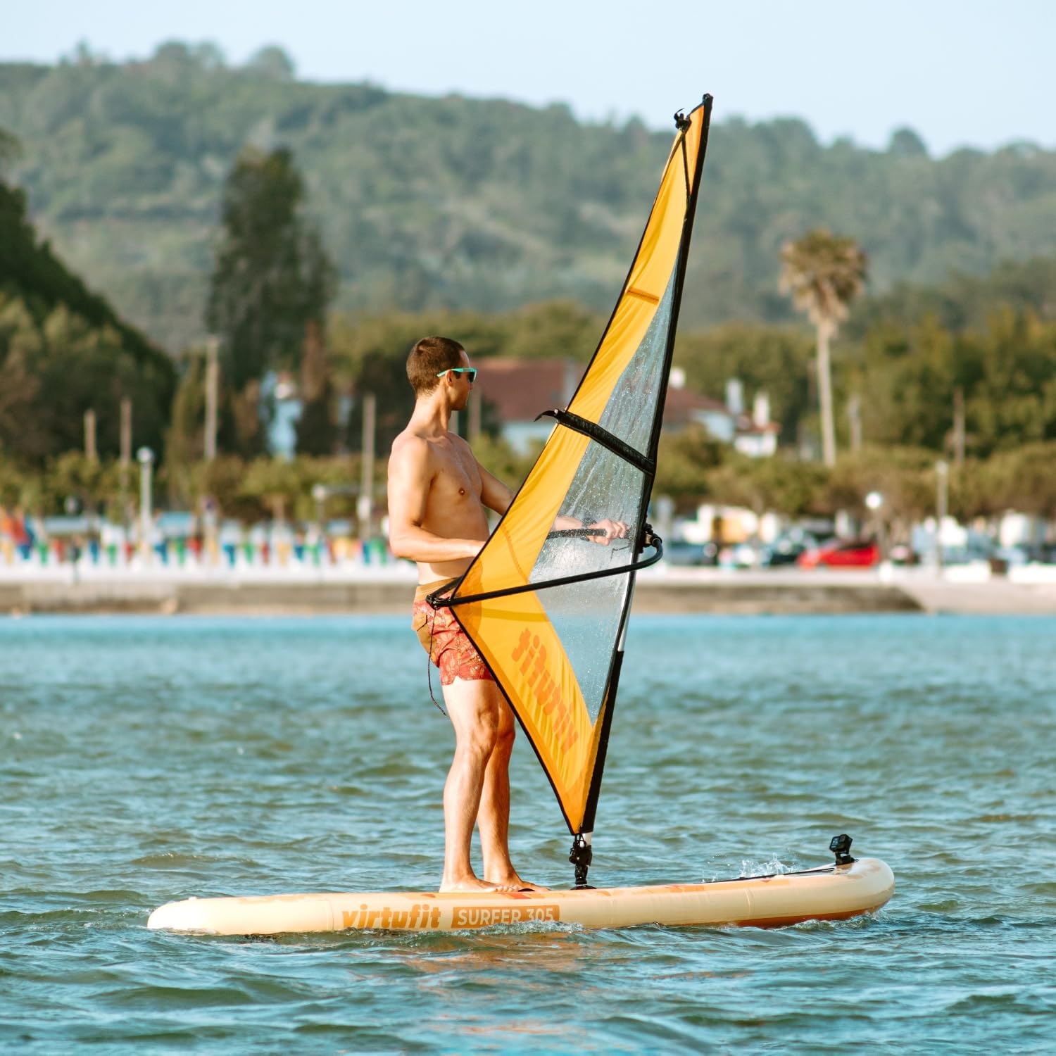 VirtuFit SUP Board Surfer 305, tavola gonfiabile con vela per windsurf, stand up paddle, nero, con accessori, pagaia, pompa, borsa per il trasporto, supporto per GoPro, per principianti ed esperti