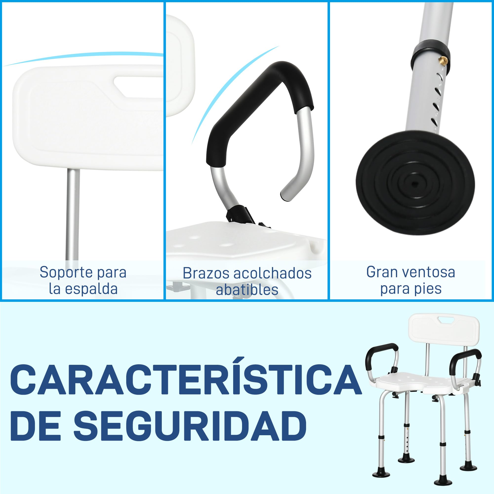 HOMCOM Silla Ducha Personas Mayores Antideslizante con Respaldo 136 kg | Taburete de Ducha, Altura Ajustable, Asiento en U, Apoyabrazos Abatible