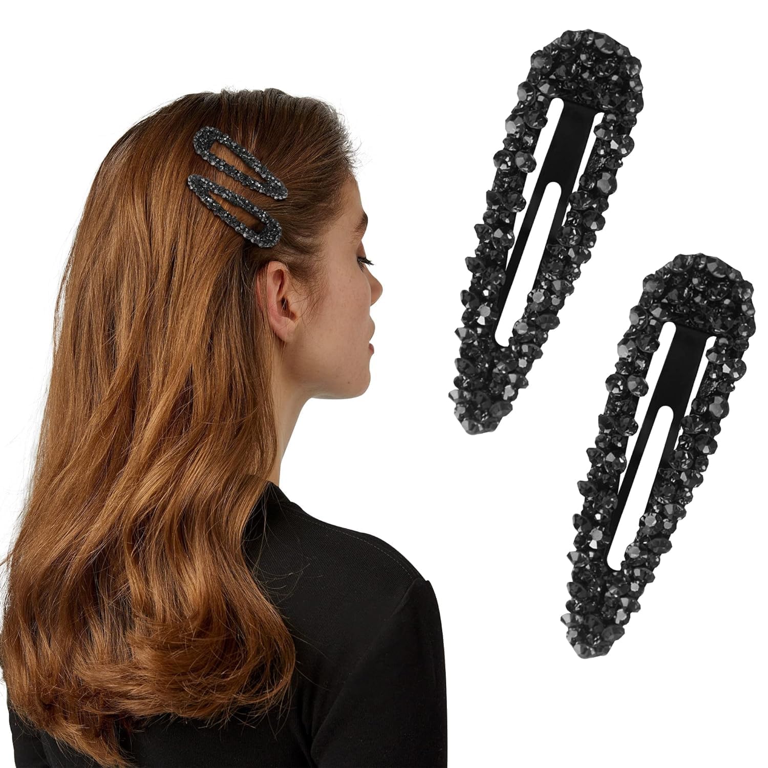 2 Pcs Black Rhinestone Snap Hair Clips, Metal and Crystal, Sparkly Hair Accessories, Snap Hair Barrettes Hair Clips