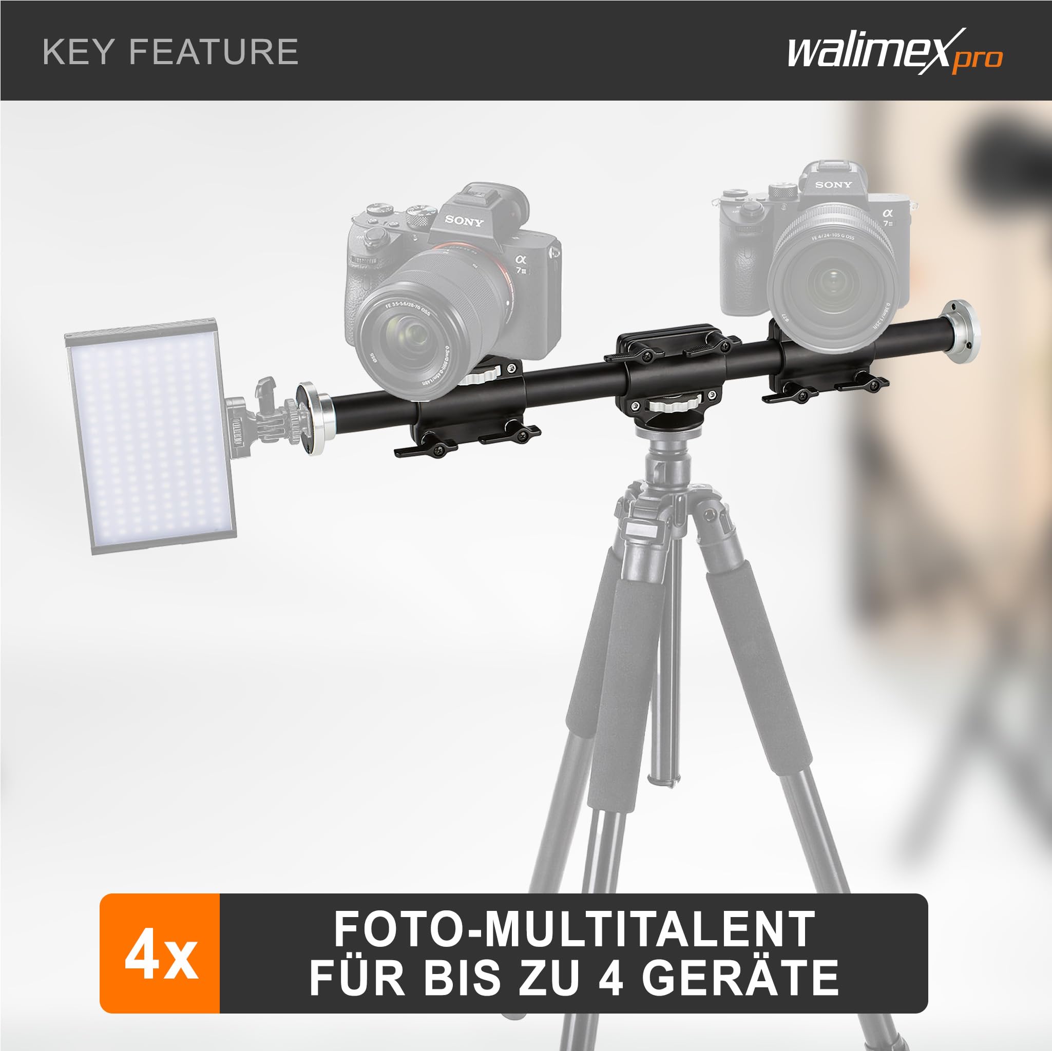 Walimex WT-628 Auslegearm (2 horizontal und vertikal verstellbare Schlitten, 2x 3/8 Zoll, 2x 1/4 Zoll, 60 cm lang, für bis zu 4 Geräte, Rohrdurchmesser 30mm, 60 cm, mit 2 Schlitten)