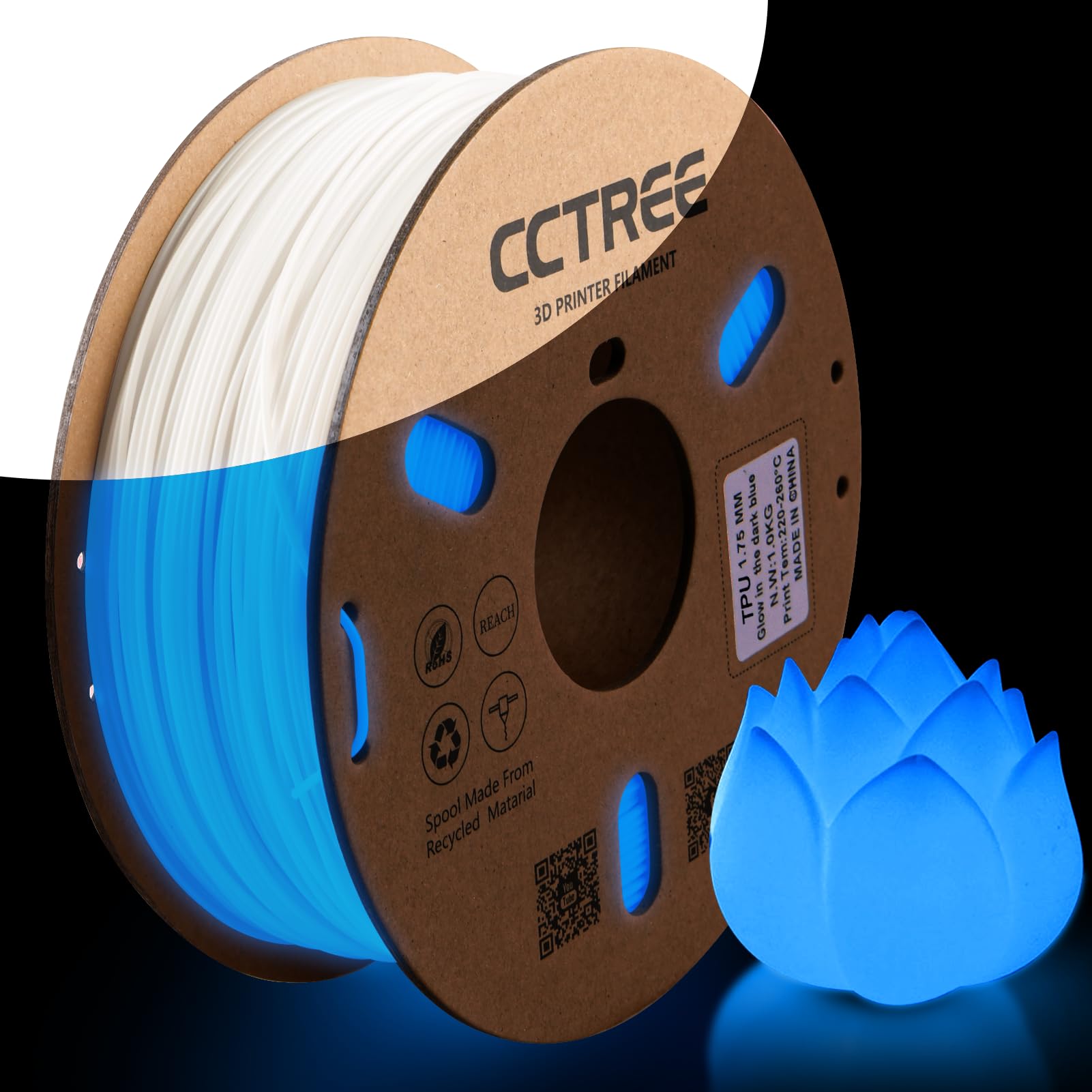 CCTREE Glow in The Dark TPU Filament 1.75mm, Flexible 3D Printer Filament 1KG, Shore Hardness 95A, High Elasticity & Impact Resistance, Dimensional Accuracy ±0.03mm, Glow Blue