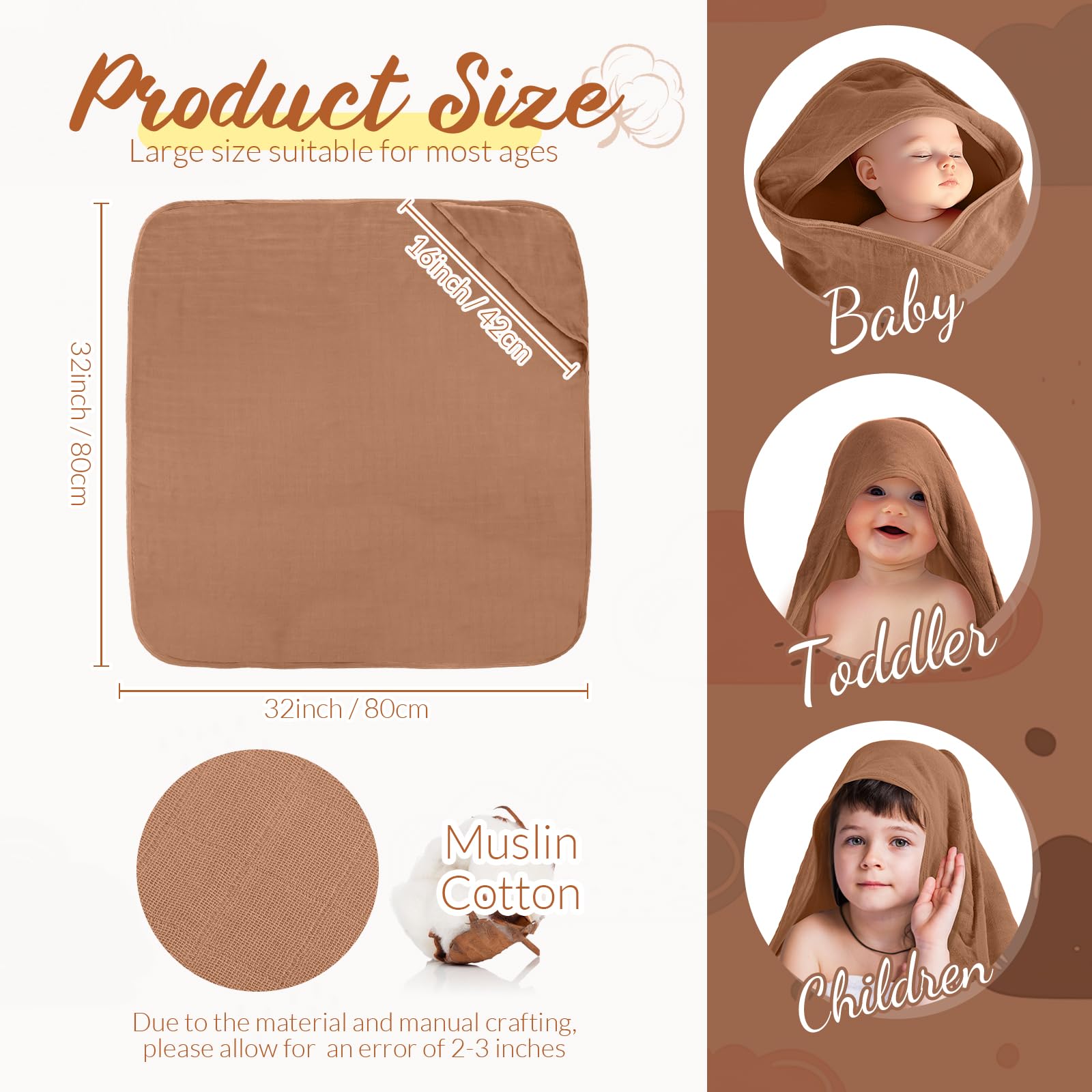 Preboun - Set mit 6 Baumwoll-Musselin-Spucktüchern mit Kapuze, 81,3 x 81,3 cm, weich, saugfähig, Baby-Kapuzen-Tücher, 27,9 x 27,9 cm, Musselin-Spucktücher für Neugeborene (Grau, Kaffee)