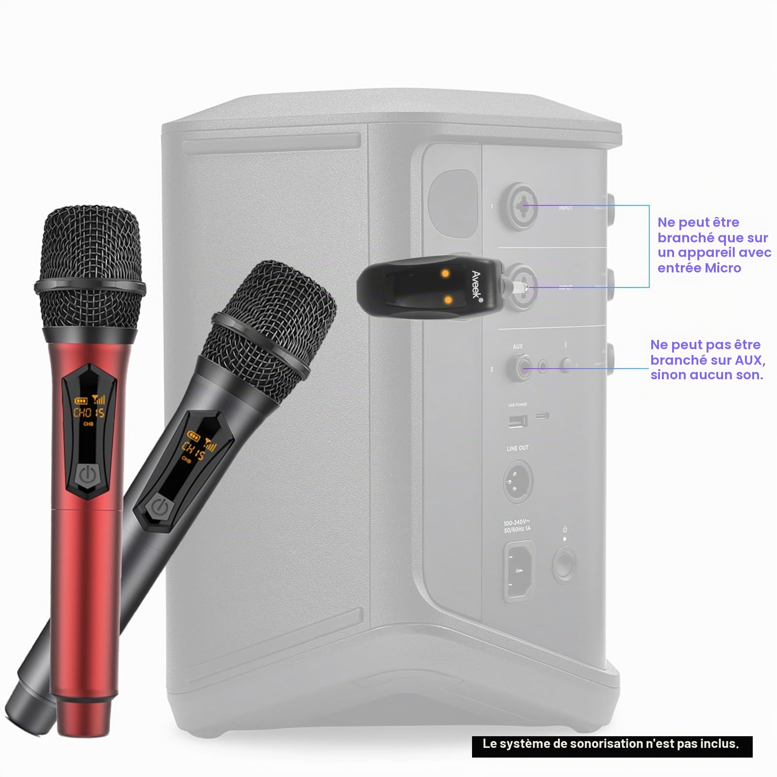 Aveek Microphone sans Fil Rechargeable,2.4GHz de Microphone Dynamique pour Karaoké, Fête, Mariage, Église, Réunion, Discours, Classe, Microphones Unidirectionnels, Gris et Rouge, 2 Pièces