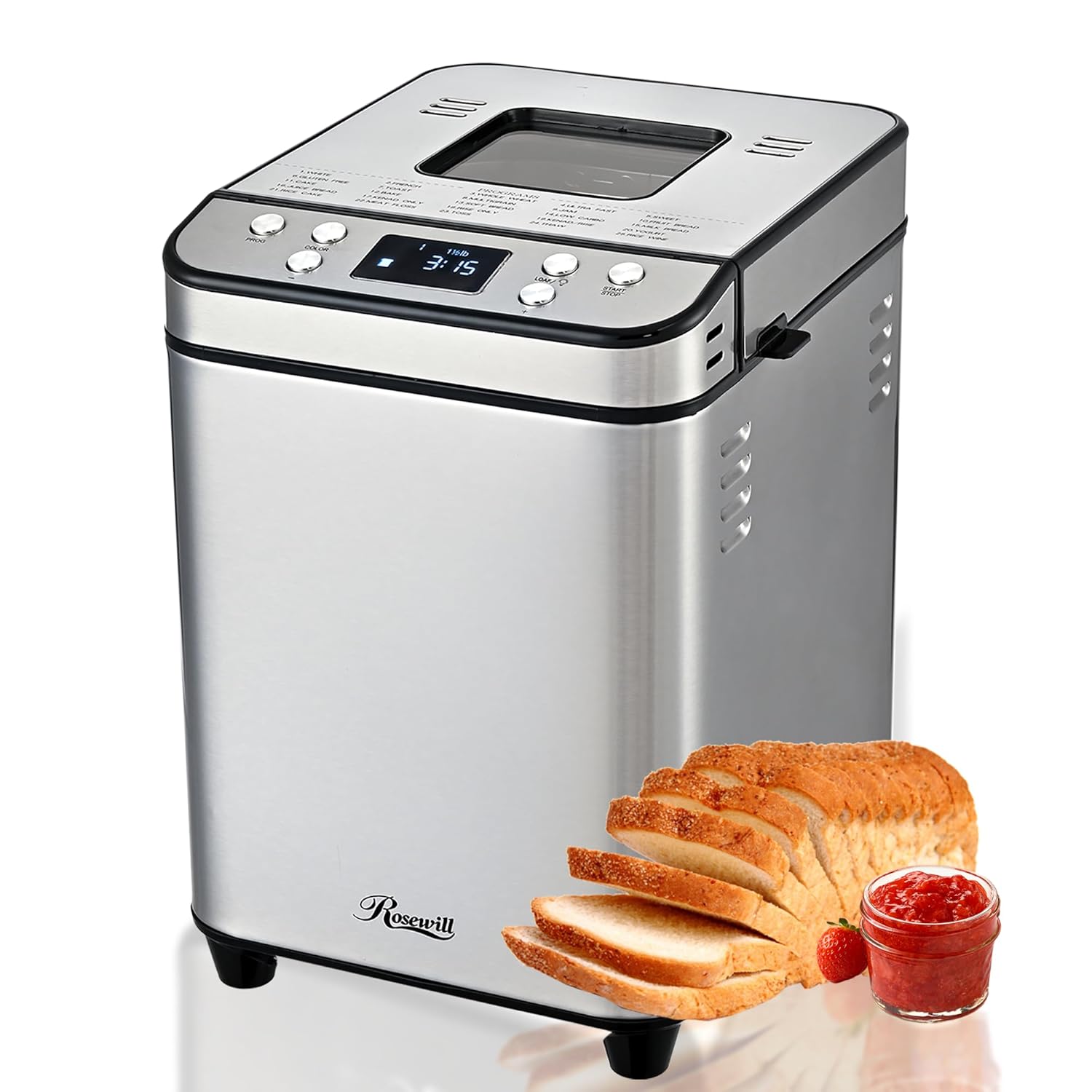 Rosewill 25-in-1 Automatic Bread Maker Machine with 3 Loaf Size up to 2 Lb, 700W High Power Dual Heater Bread Maker with BPA-free Nonstick Coating Pan, Max 15 Hours Delay Timer, Low Noise - Silver image 1