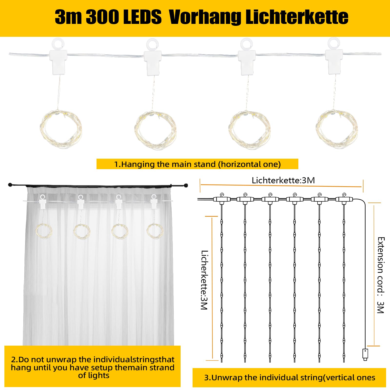 CNMTCCO Cortina de Luces, 300 LED 3x3m 8 Modos Cadena de Luces con Remoto,Alimentadas por USB, Resistente al Agua, Guirnaldas Luminosas para Navidad, Ventanas, Fiestas, Bodas, Interior, Exterior
