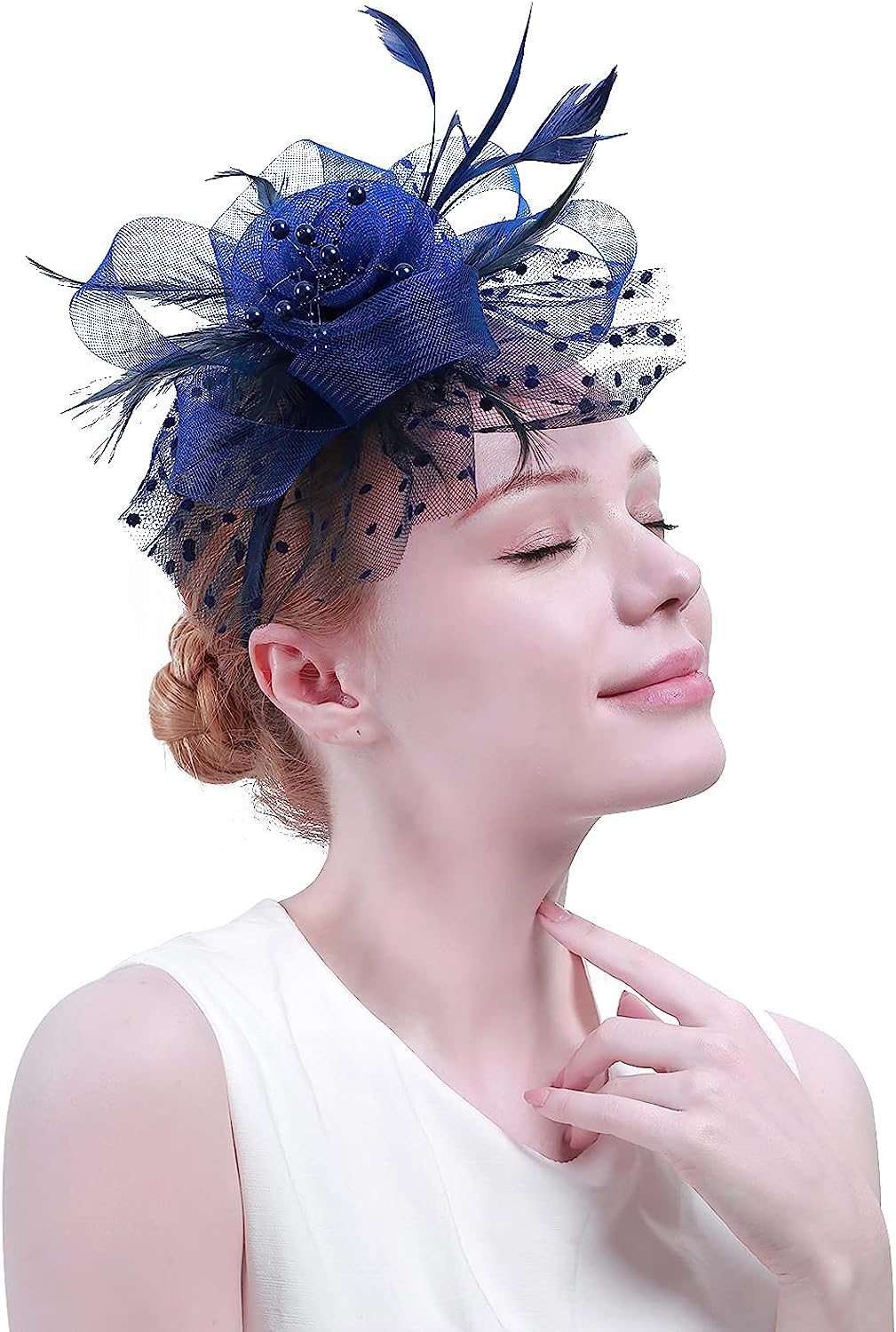Gold Look Womens Fascinators Hat Mesh Feather Fascinator Flower Hair Clip Veil Derby Hat Bridal 1920S Headpiece for Cocktail Tea Party (Dark Blue) (B0C8HXNY66) Amazon Price History, Amazon Price Tracker