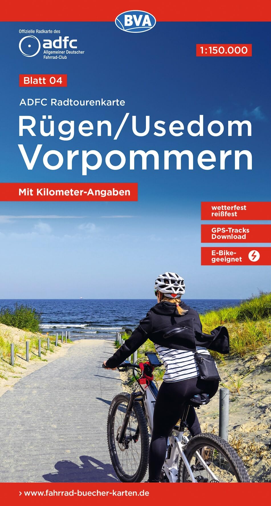 BVA ADFC Radtourenkarte Rügen/Usedom Vorpommern 1:150.000: reiß- und wetterfest, E-Bike geeignet, GPS-Tracks Download, mit Kilometer-Angaben: 4