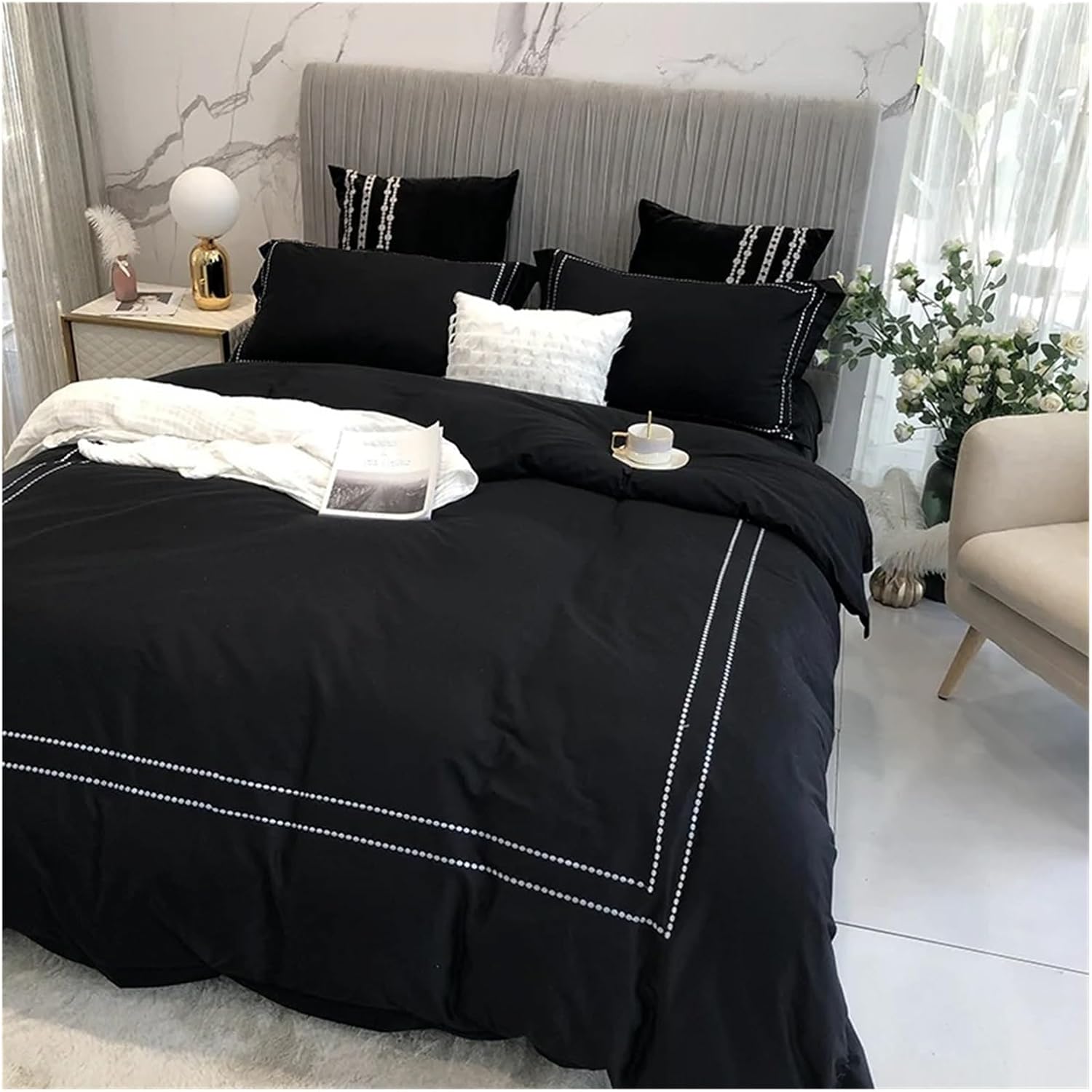 Black Bedding Set King Queen Size Bed Linen 600TC Egyptian Cotton Embroidery bedlinen Duvet Cover Bed Sheet Set Pillowcases,Bed