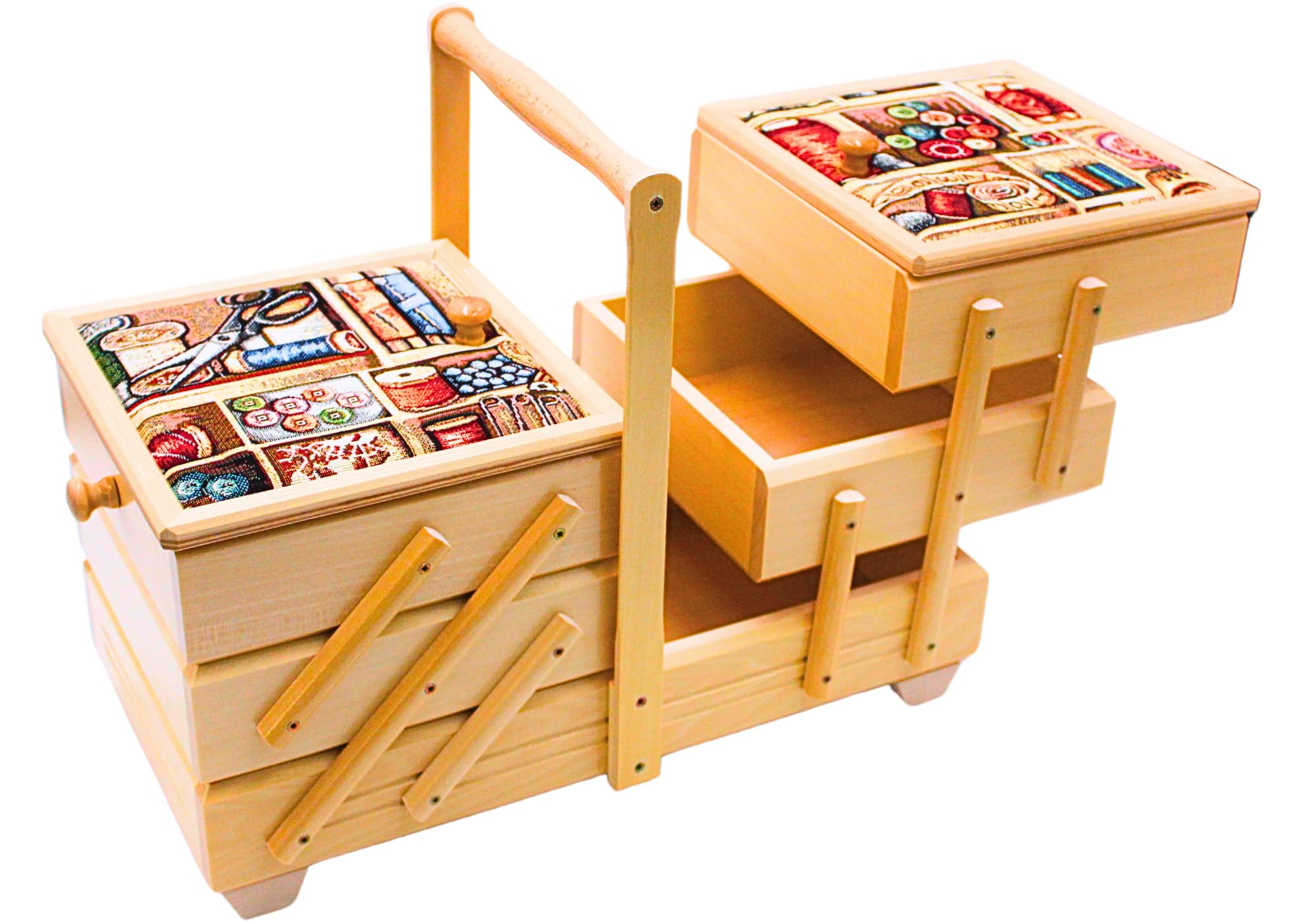 Costurero en madera contrachapada con 7 compartimentos y funda de tela, diseño de aguja en color natural, 42 x 20 x 21 cm