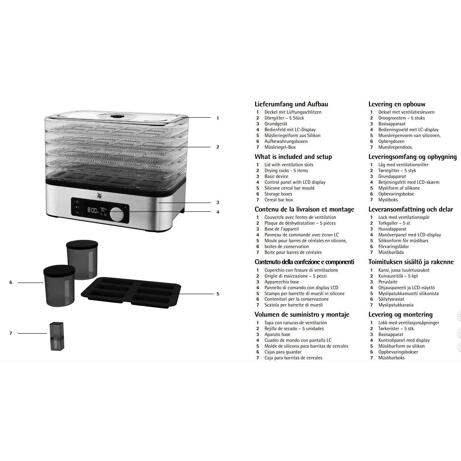 WMF KitchenMinis Essiccatore Compatto Snack to Go, in Acciaio Cromargan con 5 Griglie di Essicazione in Tritan, Sistema Silenzioso, Essicatore con Display LCD e Timer Programmabile, Dim. 28 x19x21 cm