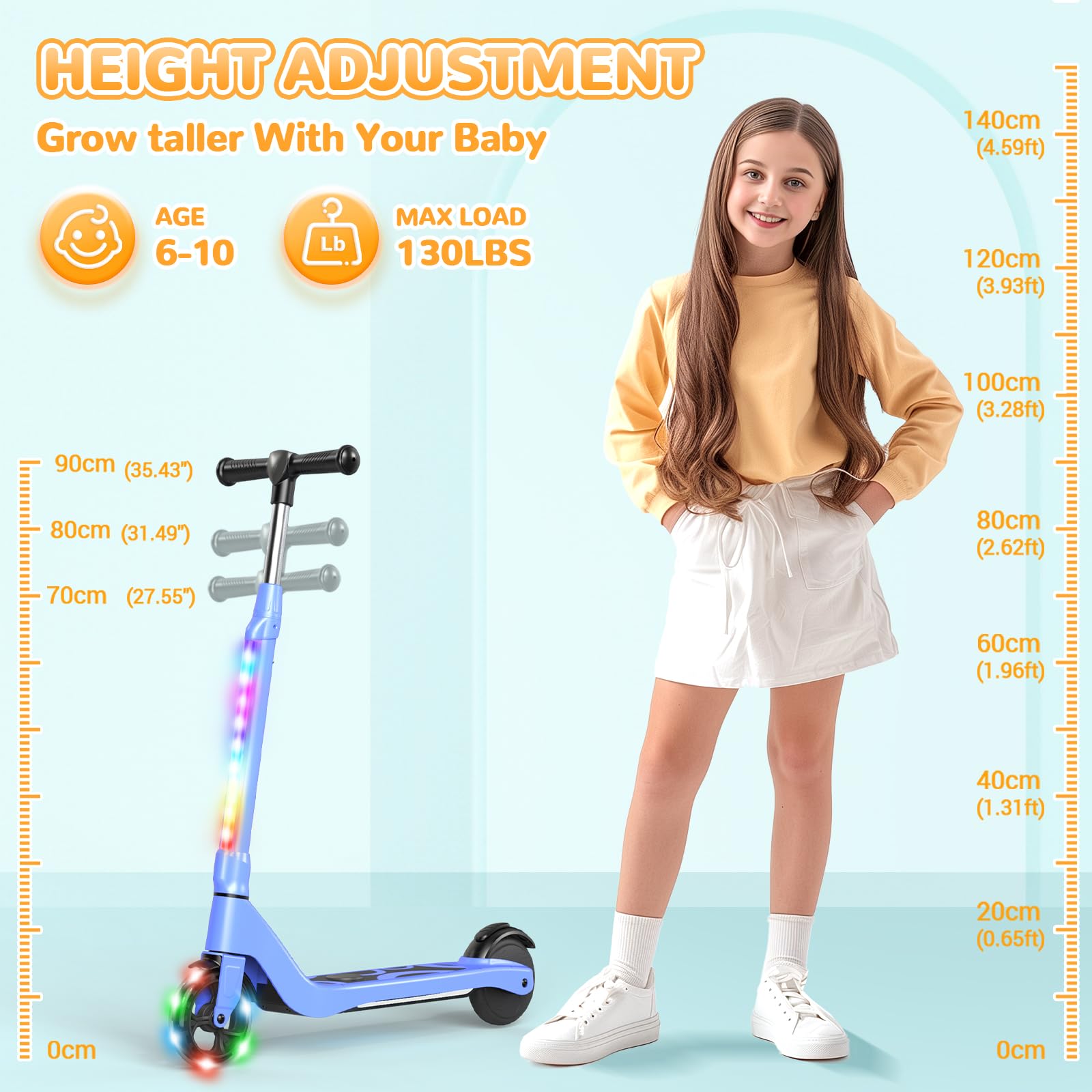 SISIGAD Monopattino elettrico per bambini da 6 a 10 anni, scooter elettrico per bambini da 5,3 pollici con luci LED e 3 altezze regolabili, carico massimo 70 kg, velocità massima 10 km/h, autonomia