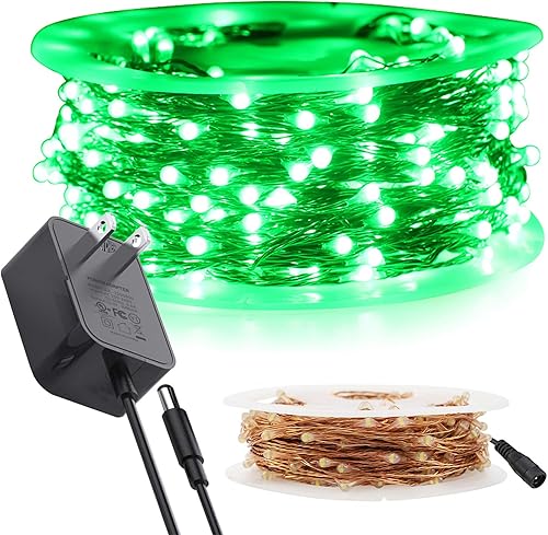 RUICHEN Cadena de luces de alambre de cobre enchufable de 99 pies, 300 luces LED con carrete, verde