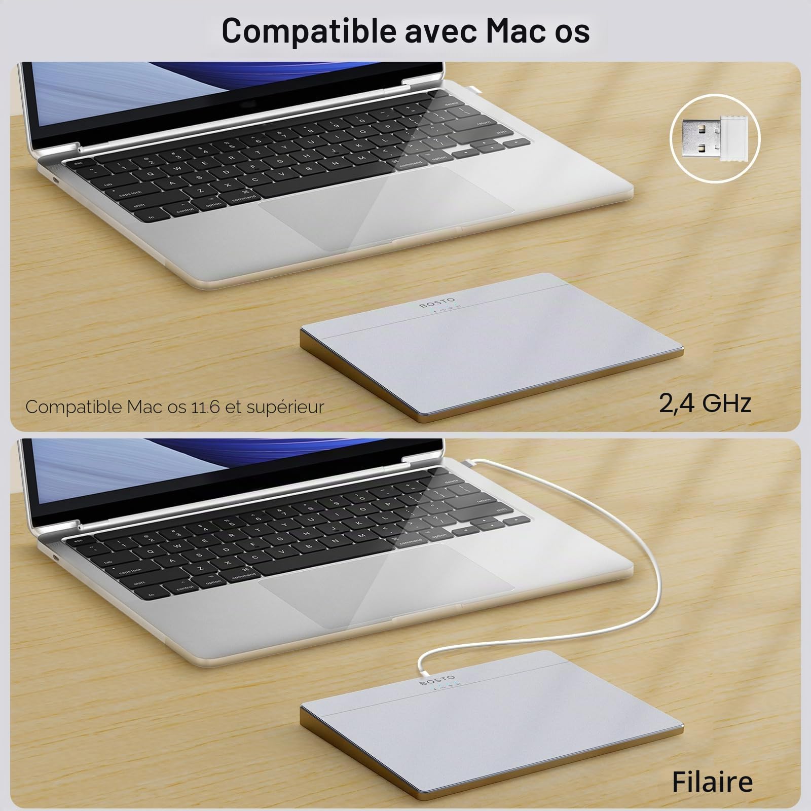 Pavé Tactile sans Fil Trackpad en Verre trempé Ultra Fin pour Ordinateur de Bureau, Ordinateur Portable, Utilisateur de PC avec Batterie Rechargeable pour Système 10/11