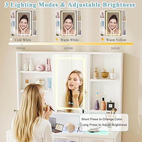 Miniatura 5 de Hadulcet Escritorio de tocador con espejo y luces, tocador de maquillaje con toma de corriente, tocador LED con cajones RGB y gabinete, 10 estantes