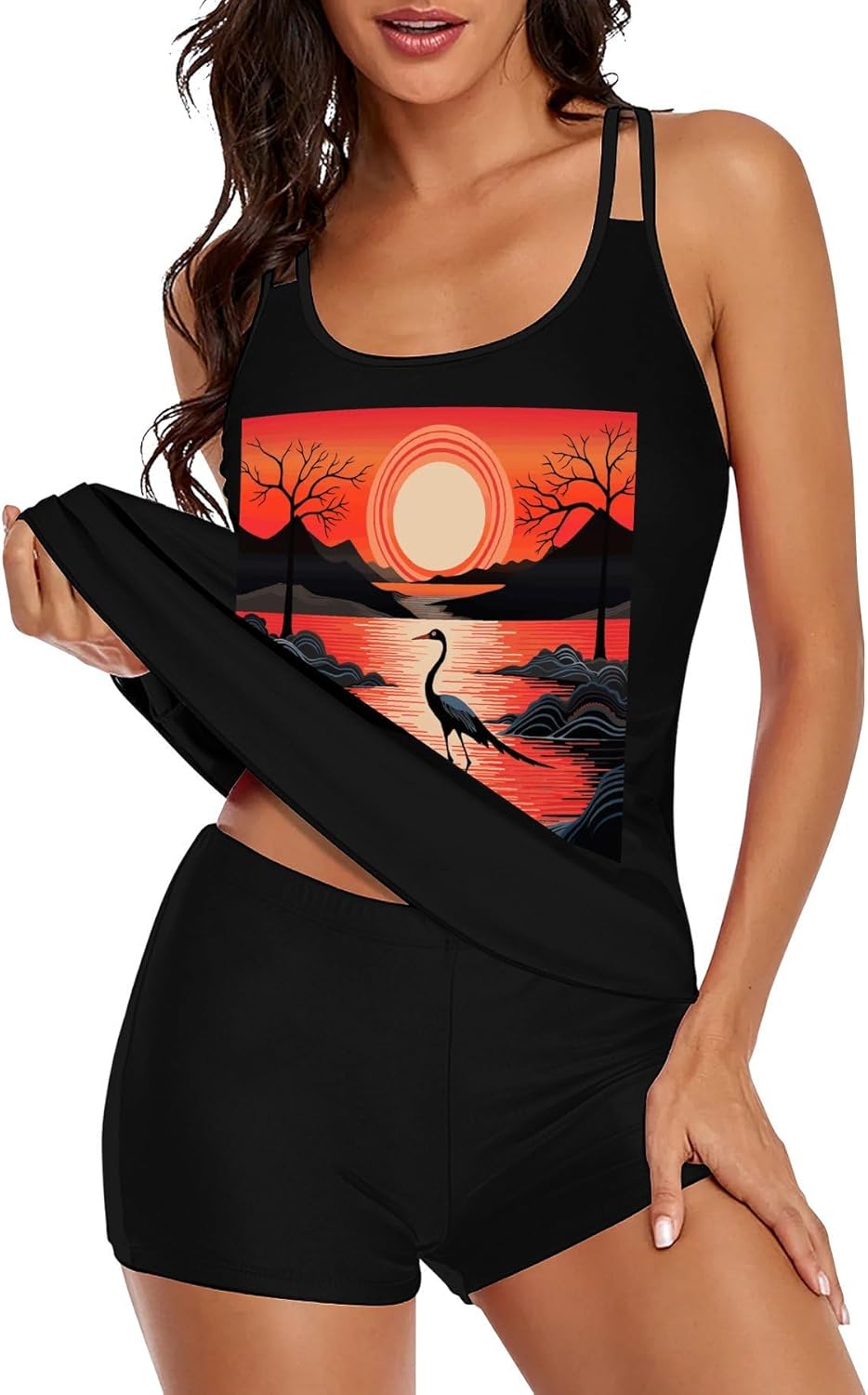 Sunrise with Flamingos Tankini Swimsuits for Women Tummy Control Two Piece Bathing Suits Swim Tops with Boy Shorts