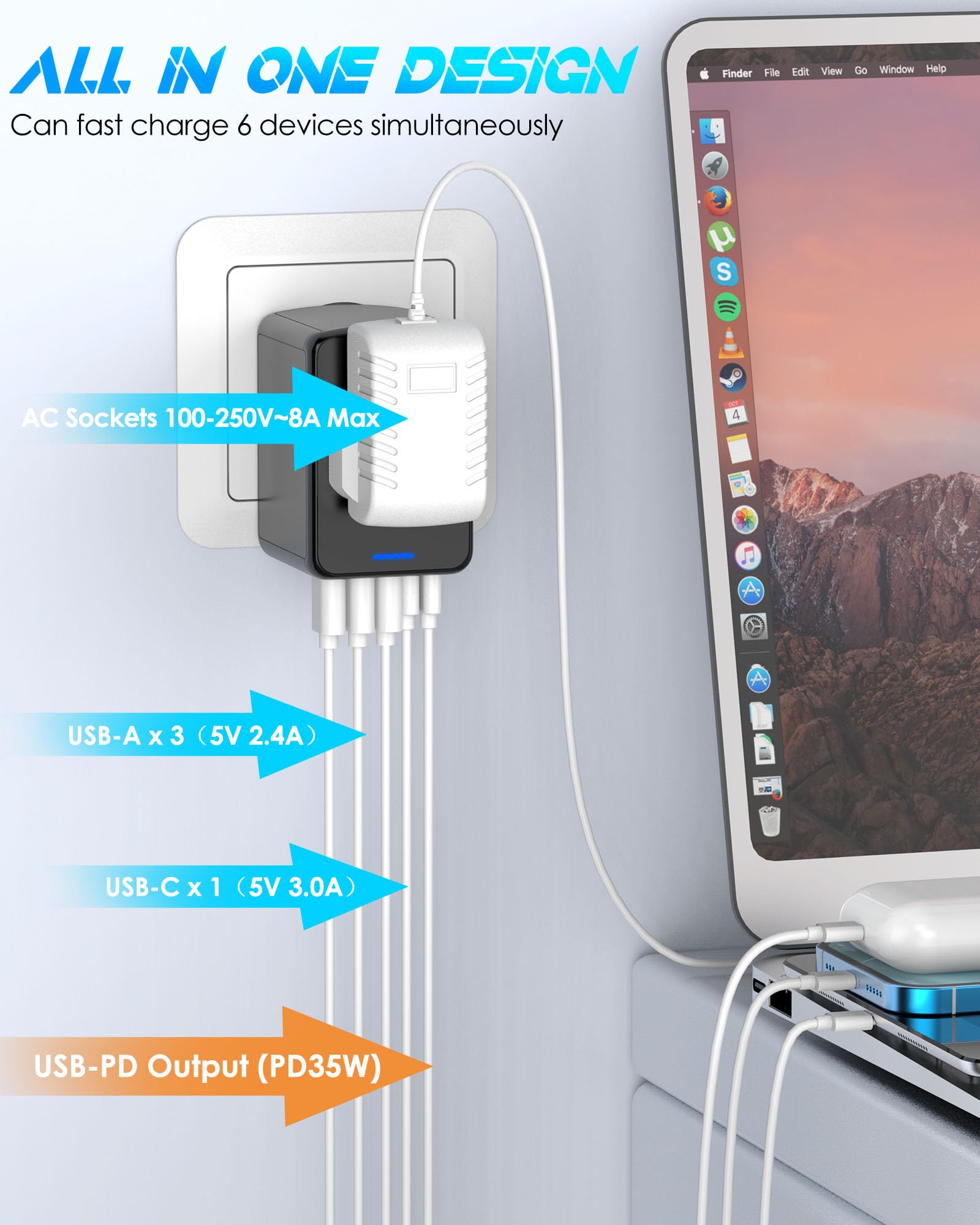 35W PD Universal Travel Adapter 5 USB A C Ports and 2500W AC Outlet Fast Charging International Plug — view 3