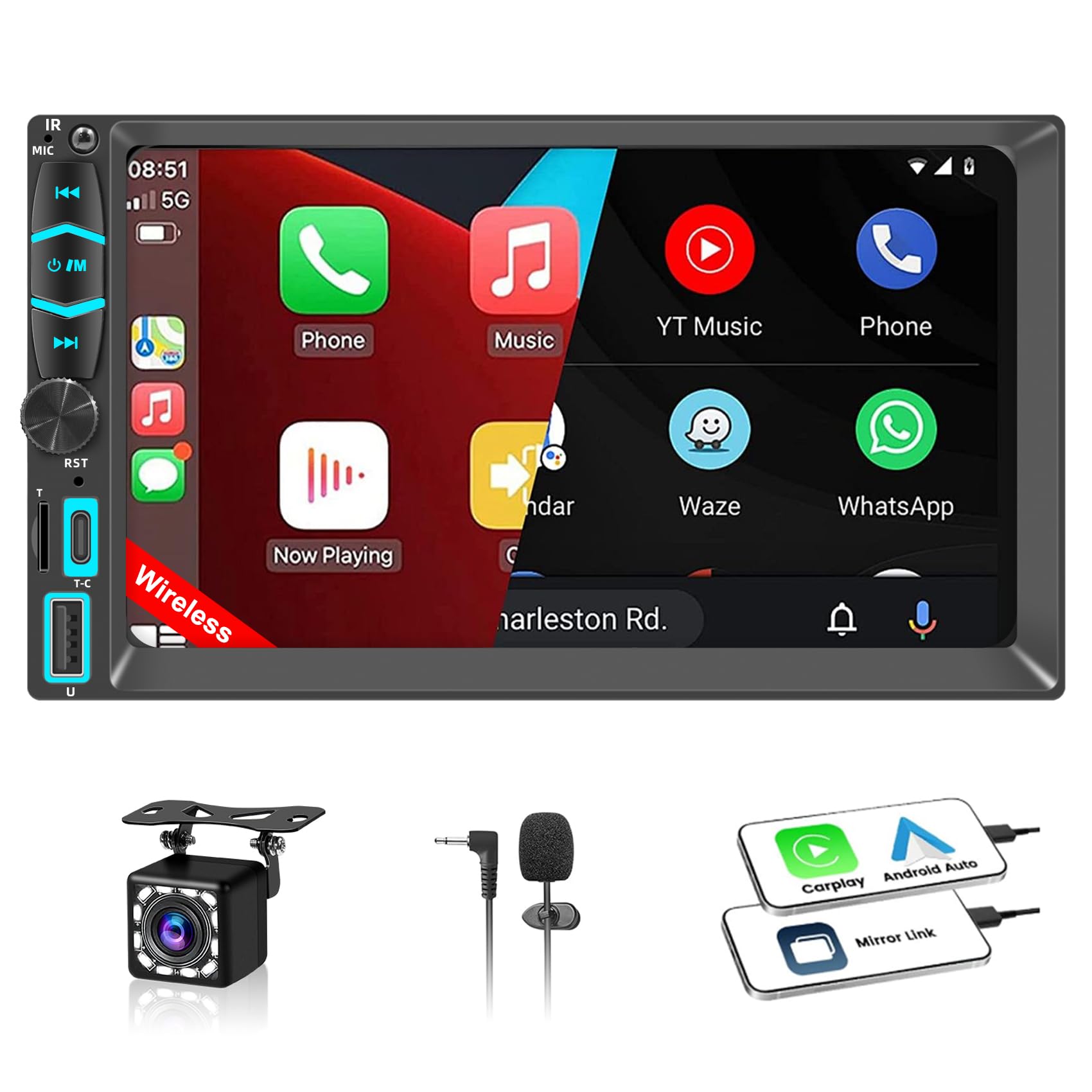 Autoradio 2 DIN con Schermo Wireless CarPlay & Android Auto, Doppio DIN 7 pollici HD Touch Screen, Mirror Link, Bluetooth, FM, AM, RDS, EQ, Tipo-C, USB, Telecamera Posteriore, SWC, Navigazione GPS