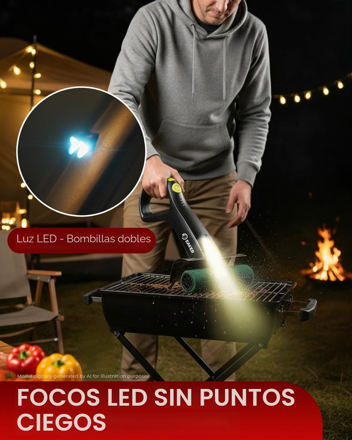 Cepillo de parrilla eléctrico Saker con 450 RPM y luz LED | Cepillo de limpieza de parrilla sin enredos con rodillo duradero | Kit completo de cepillo de 8 piezas y almohadilla de fregado | Regalo