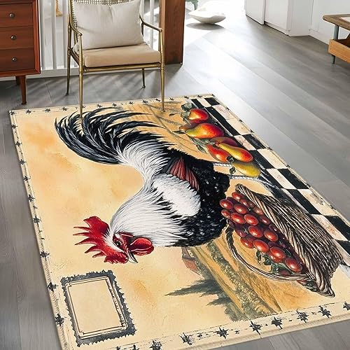 Miniatura 4 de 2.7x5 Area Rugs, Rooster Non-Skid Rubber Backing Large Rectangle Rugs - Living Room Bedroom Home Office, Retro Farmhouse Animals Watercolor Indoor