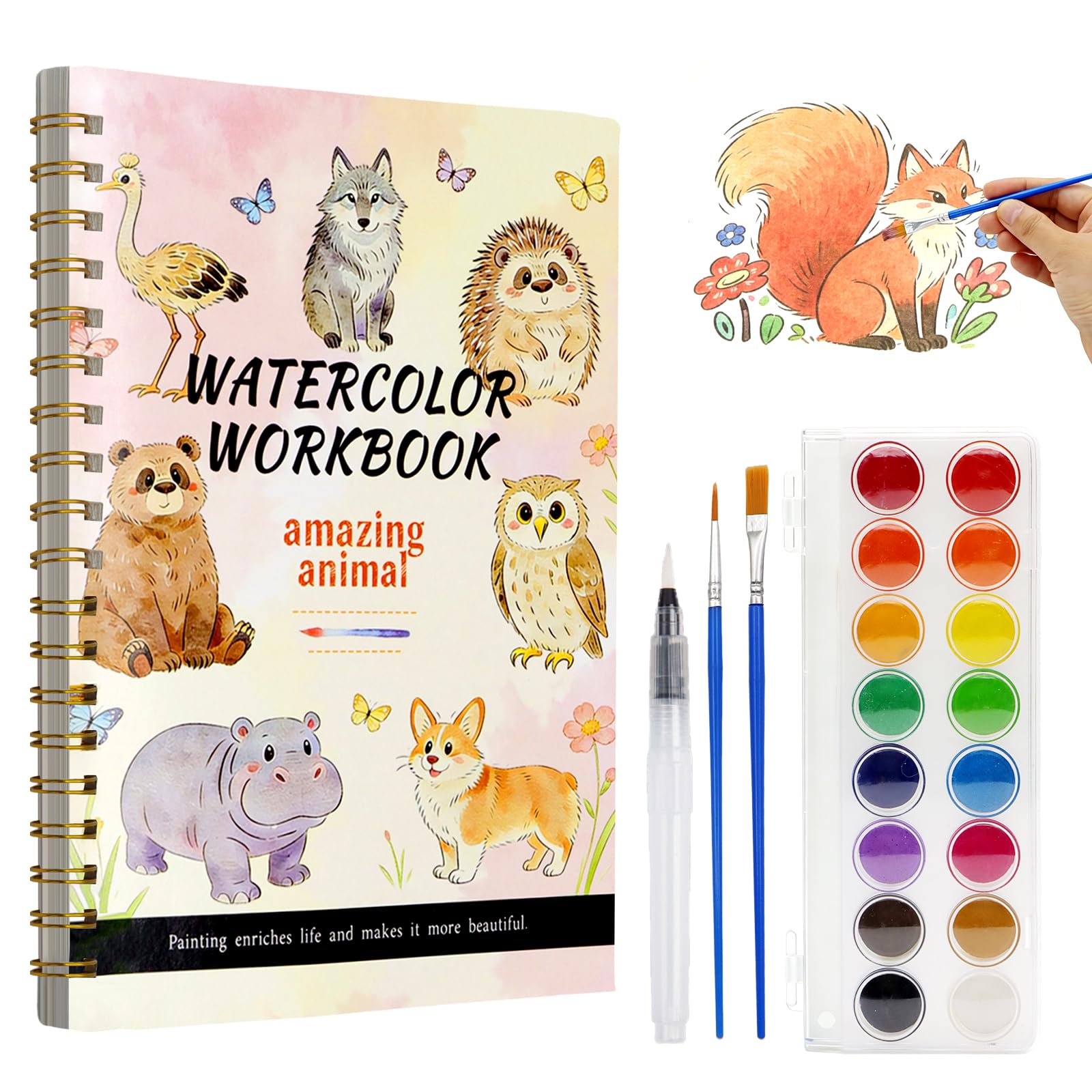 Watercolour Workbook for Adults – Watercolours Colouring Book with 14 Watercolour Paintings, 16 Colours, 3 Brushes & Colour Mixing Guide – Large 200GSM Paper for Beginners & Art Enthusiasts