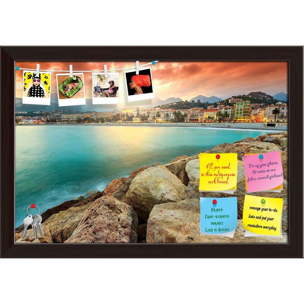 ArtzFolio Majestic Sunset on the Beach, Cote D'Azur, France | Bulletin Board Notice Pin Board | Vision Soft Board with Thumb Push Pins & Sticky Notes | Dark Brown Frame | 17.5 x 12 inch (44 x 30 cms)